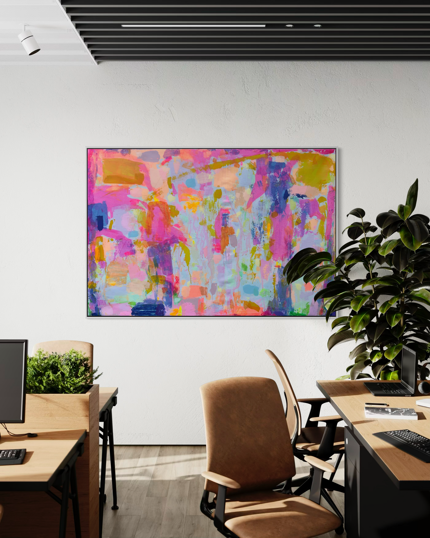 Colorful abstract art print titled "Everyday Happiness" by Kathryn Sillince, measuring 153cm by 103cm, featuring vibrant brushstrokes.
