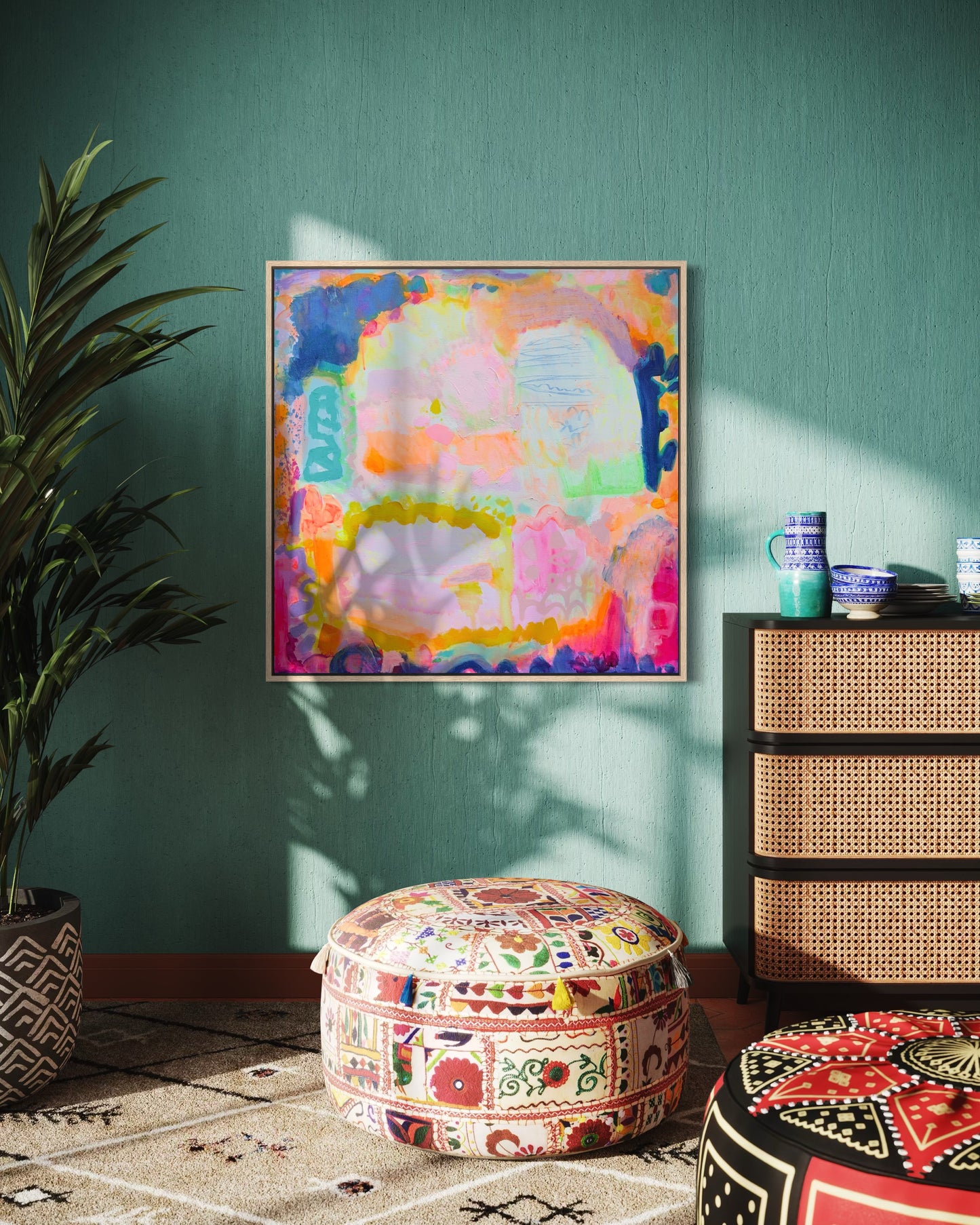 Vivid 80cm x 80cm artwork by Kathryn Sillince Artist with bold, colorful abstract design on canvas.