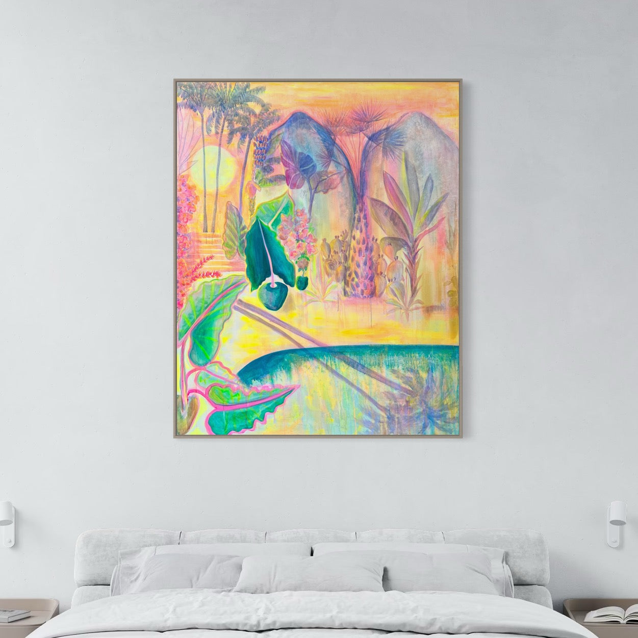 Colorful Twilight Tropics canvas print by Printumo featuring vibrant tropical sunset scene with lush foliage and warm tones.