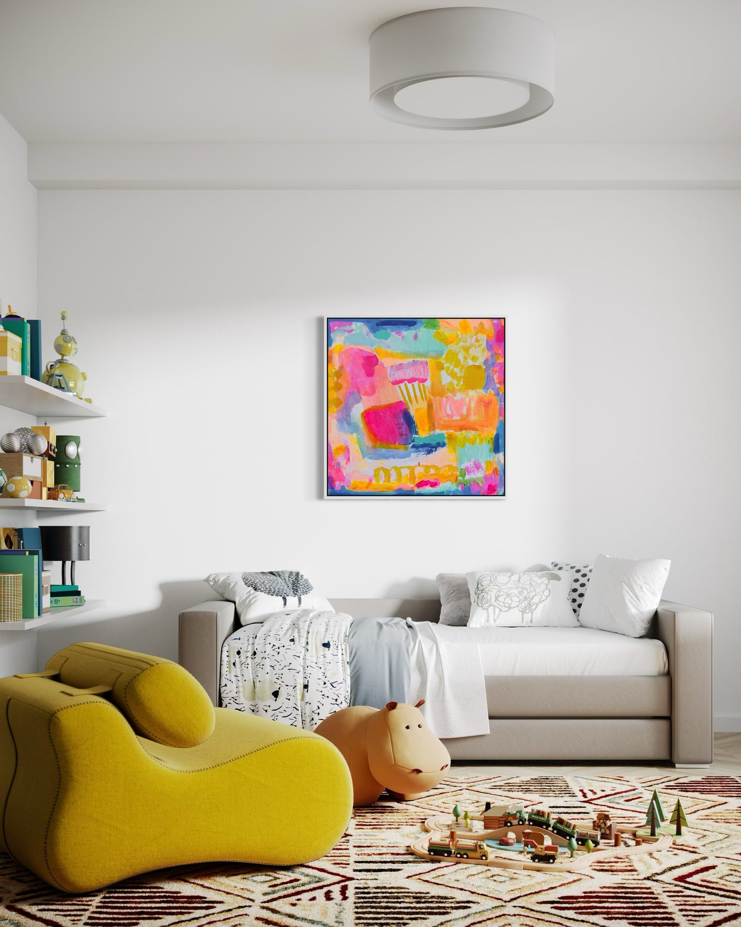 Kathryn Sillince Artist's 'Zenith of Summer' 80cm x 80cm abstract painting with vibrant colors and textured brushstrokes.