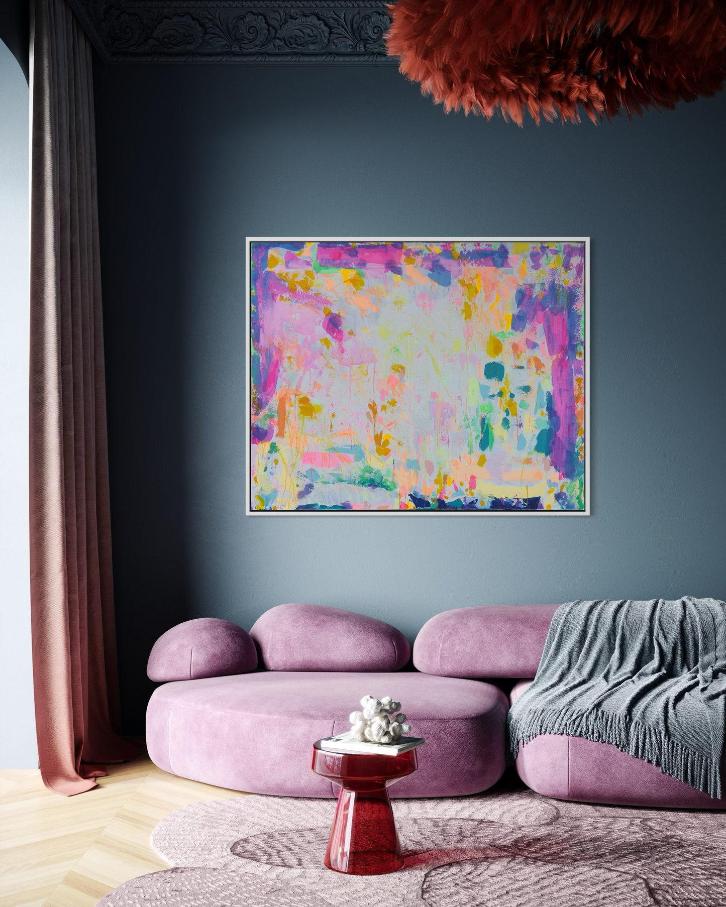 A large 153cm by 123cm artwork titled "Eternal Optimism" by Kathryn Sillince Artist, featuring vibrant, uplifting abstract design.