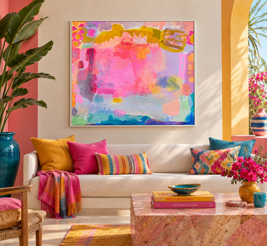 A Nourished Soul art print by Kathryn Sillince featuring a vibrant, abstract design on a large 133cm by 122cm canvas.