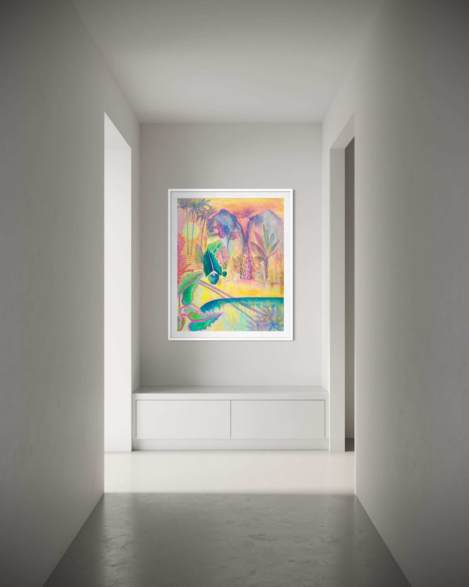 Colorful paper print of tropical twilight scene by Kathryn Sillince Artist featuring vibrant sunset and lush foliage.