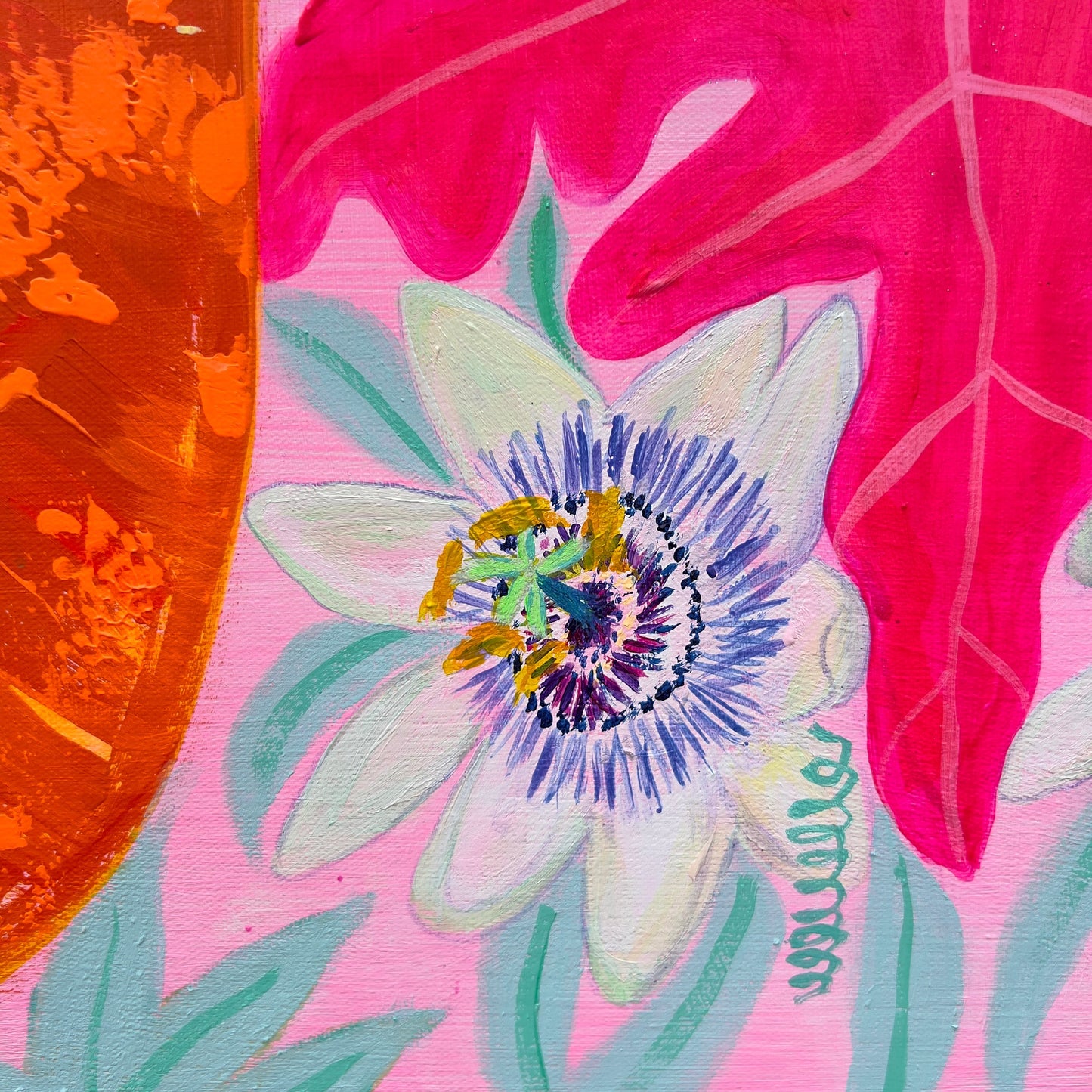 Abstract floral artwork by Kathryn Sillince Artist, 102cm x 102cm canvas, vibrant colors and intricate botanical details.