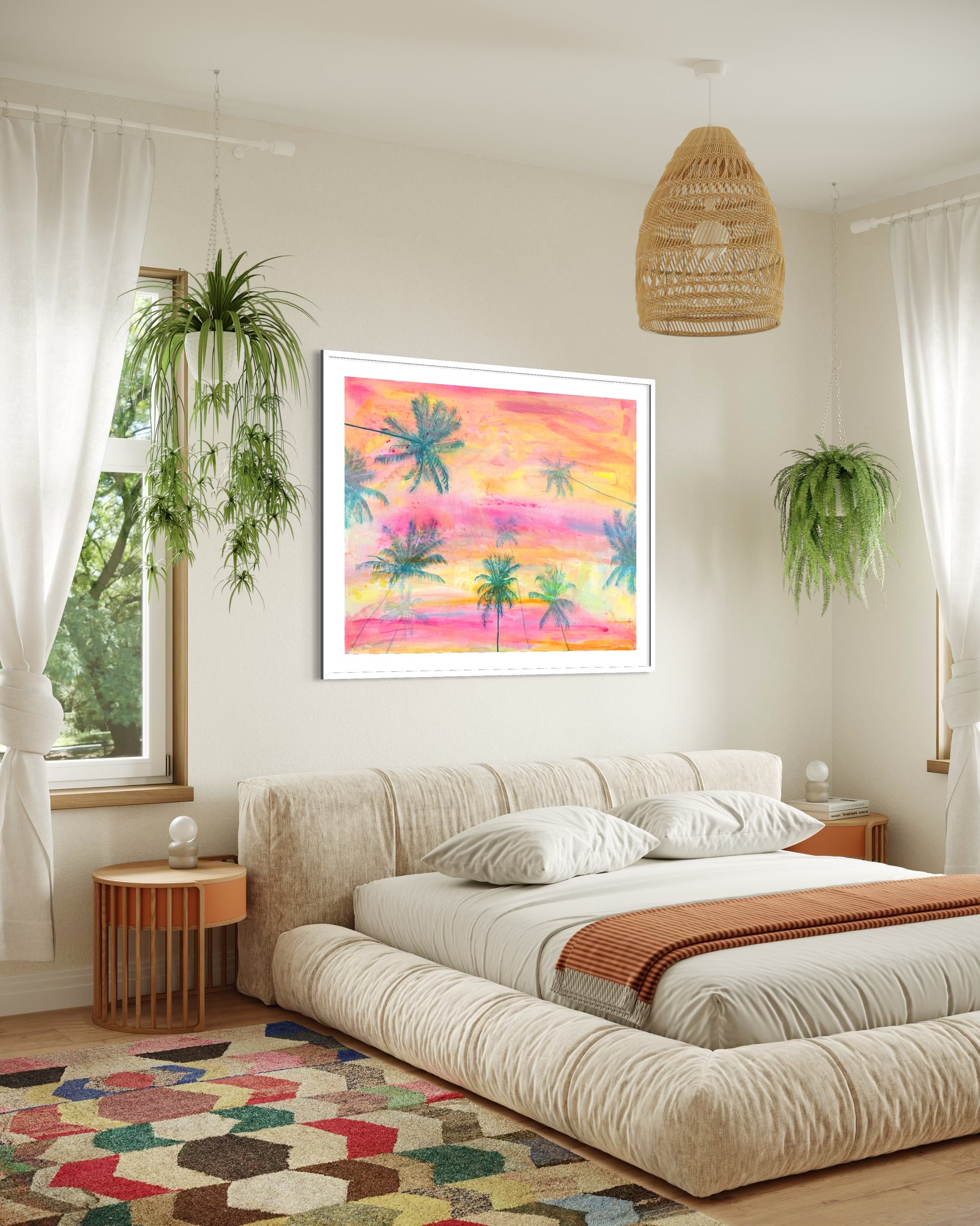Paper print of a sunset scene titled "Lie With Me At Sunset" by Kathryn Sillince Artist, featuring warm colors and tranquil landscape.