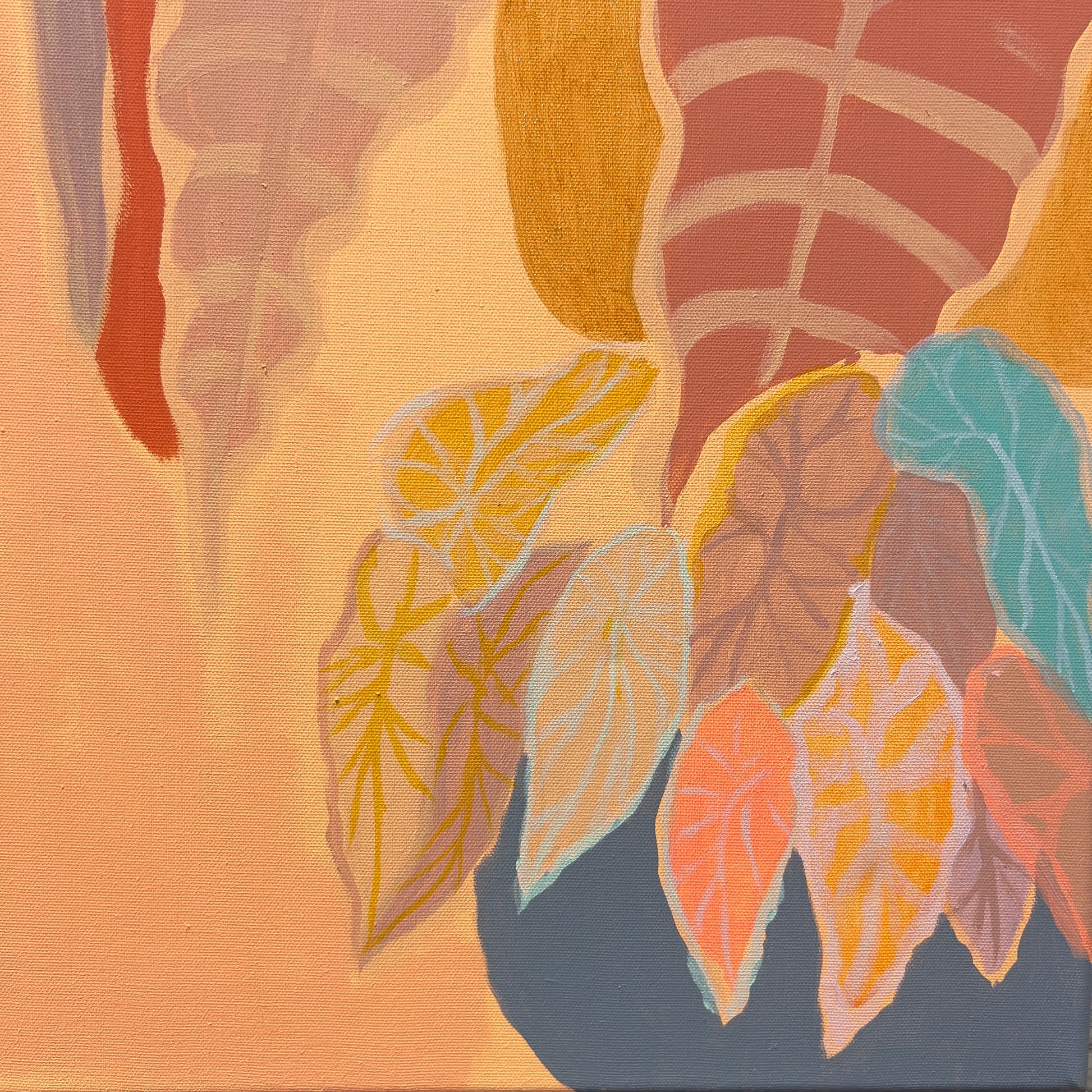 Botanical print set featuring peach Alocasia illustrations by Kathryn Sillince Artist, displayed as a diptych artwork.