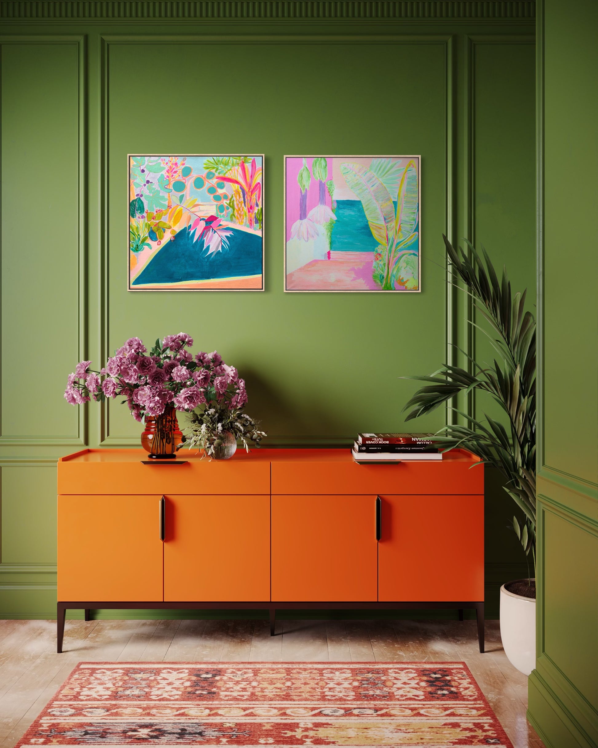 Botanical print set by Kathryn Sillince featuring "Endless Summer By The Pool" and "Vacation Anticipation" artwork, vibrant floral designs