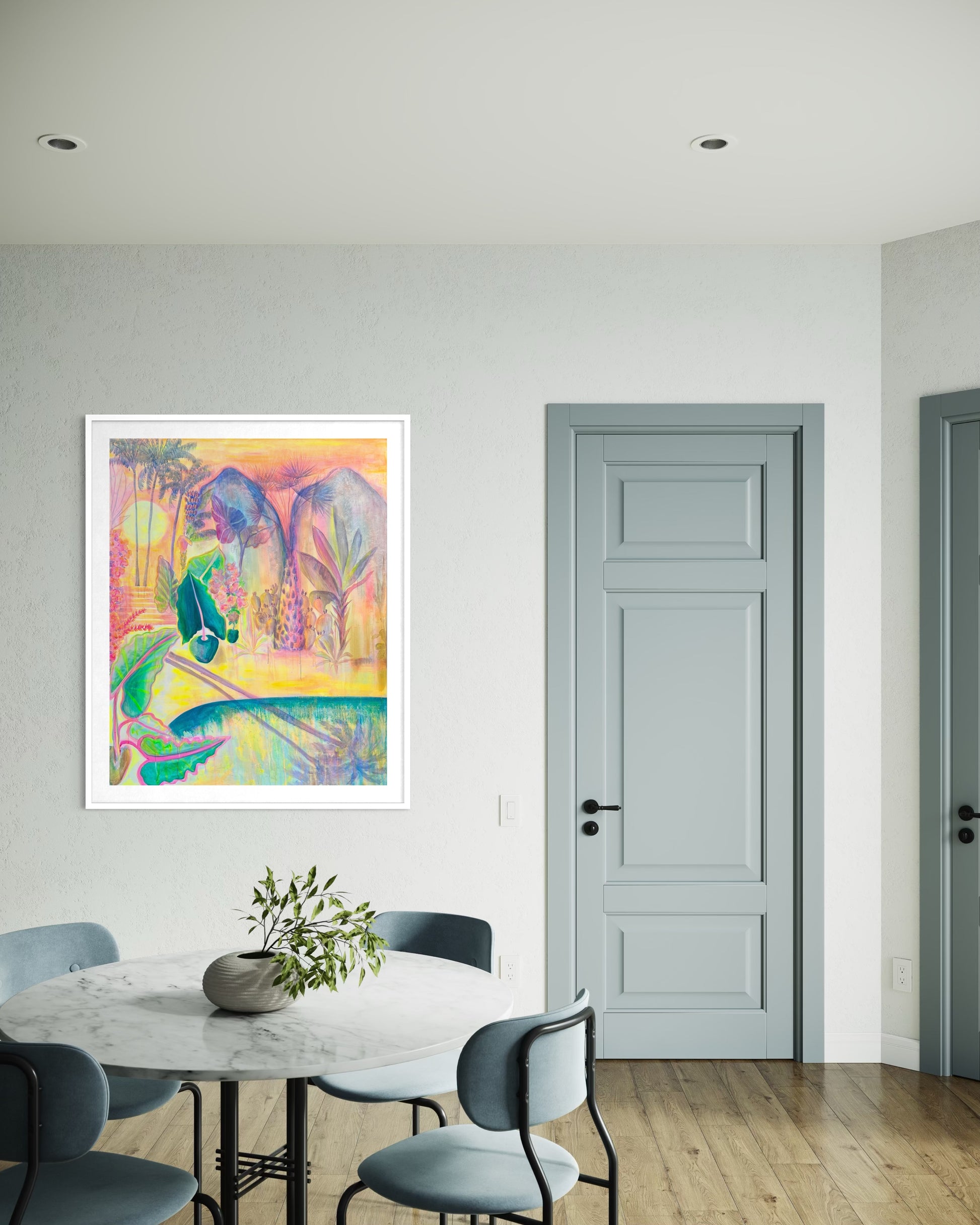 Colorful 'Twilight Tropics' paper print by Kathryn Sillince Artist featuring vibrant tropical landscape artwork.