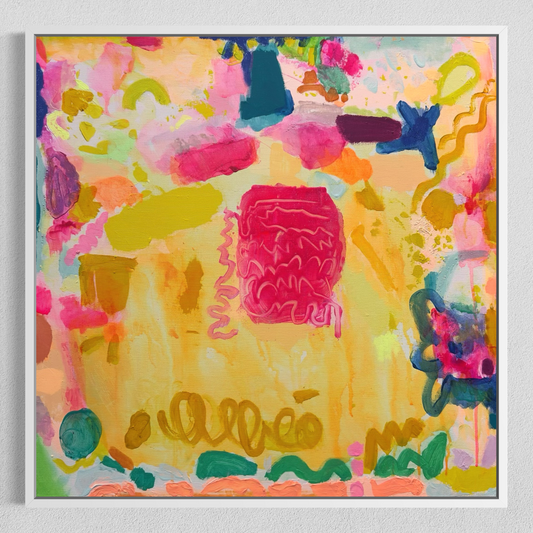 Colorful floral artwork titled 'Sweeties' by Kathryn Sillince, 61cm x 61cm, featuring vibrant abstract flower designs.