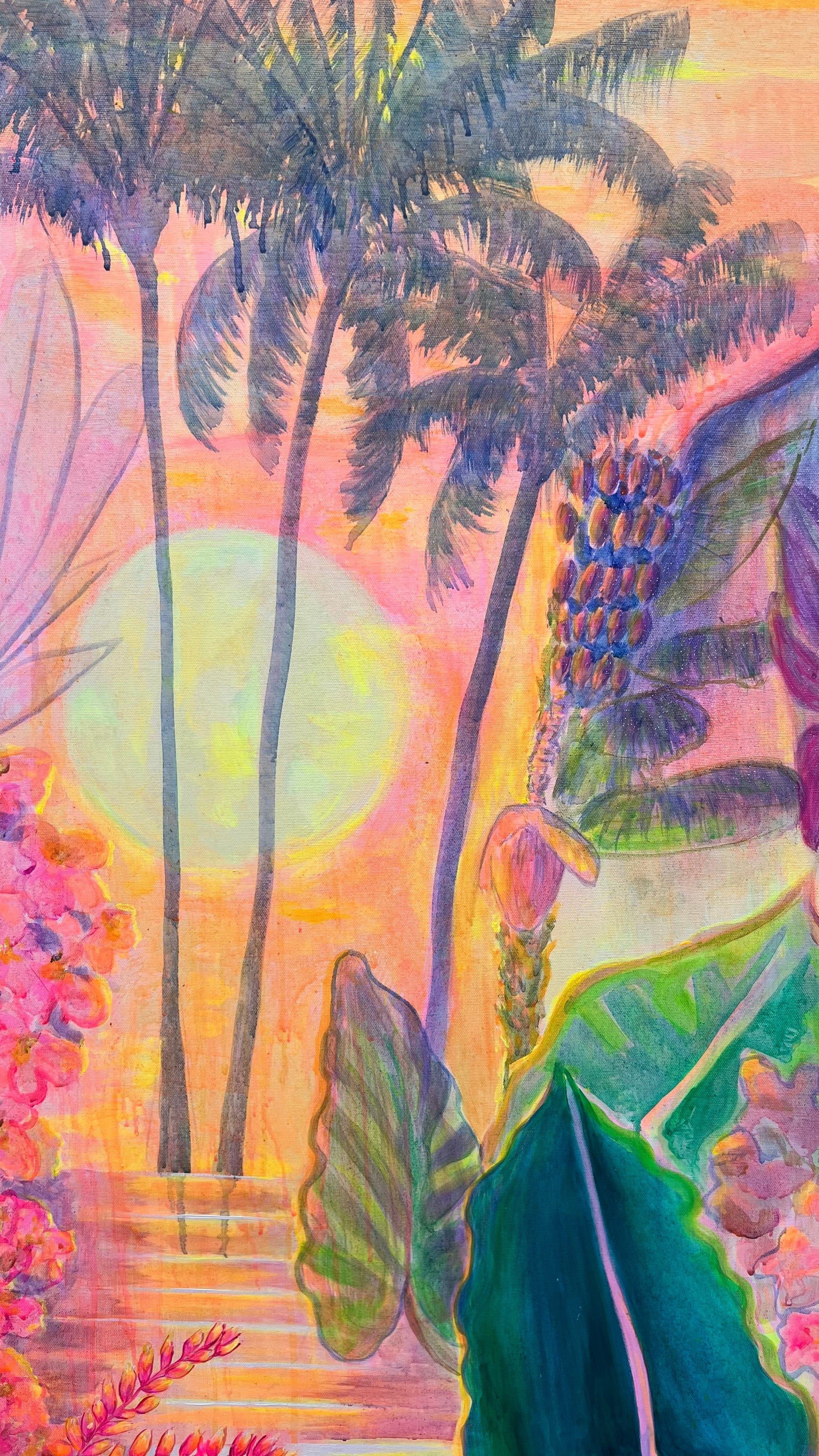 Colorful paper print of twilight tropics scene by Kathryn Sillince Artist featuring lush foliage and vibrant sunset hues.