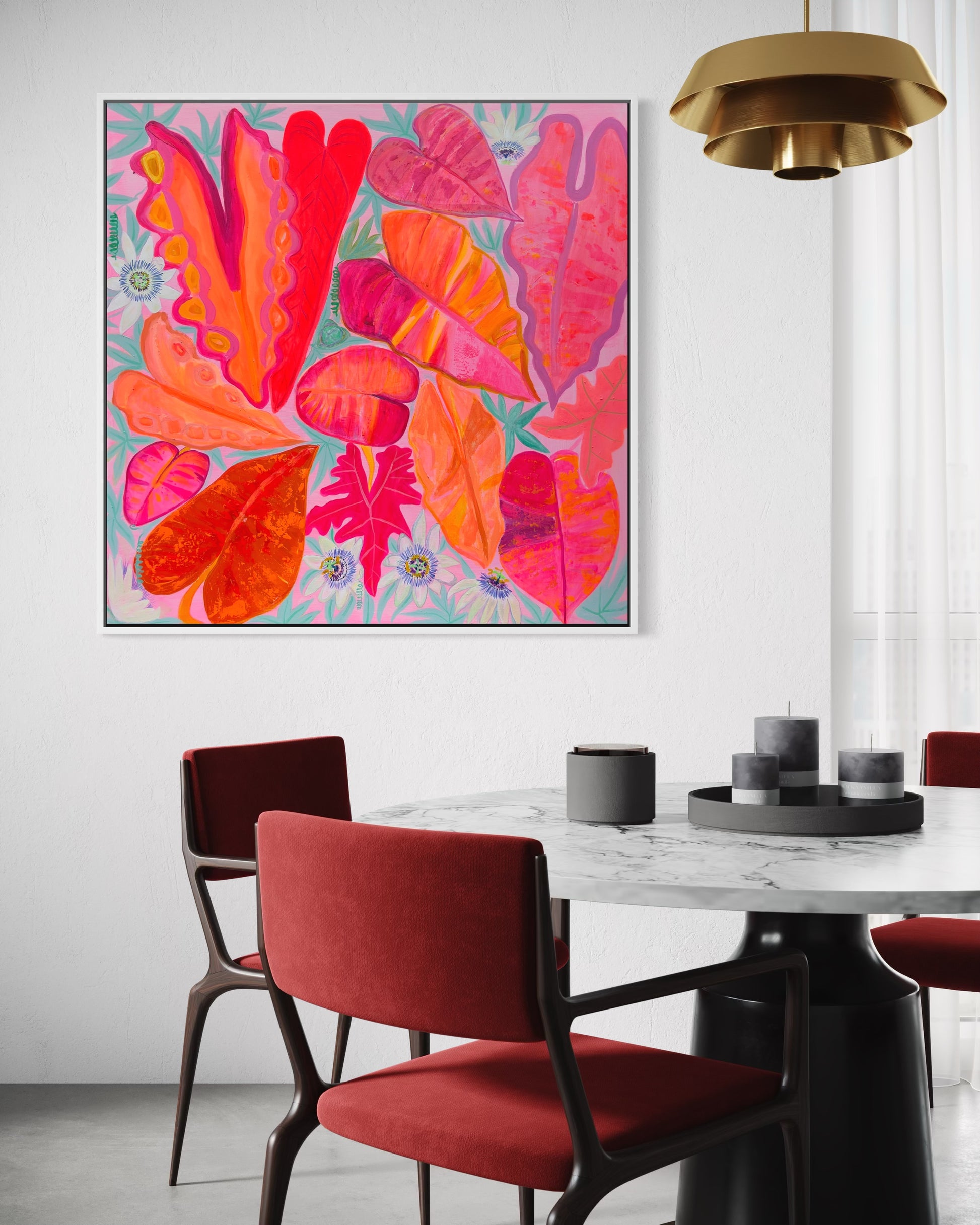 "Better Together artwork by Kathryn Sillince, 102cm x 102cm, featuring vibrant, abstract floral design on canvas"