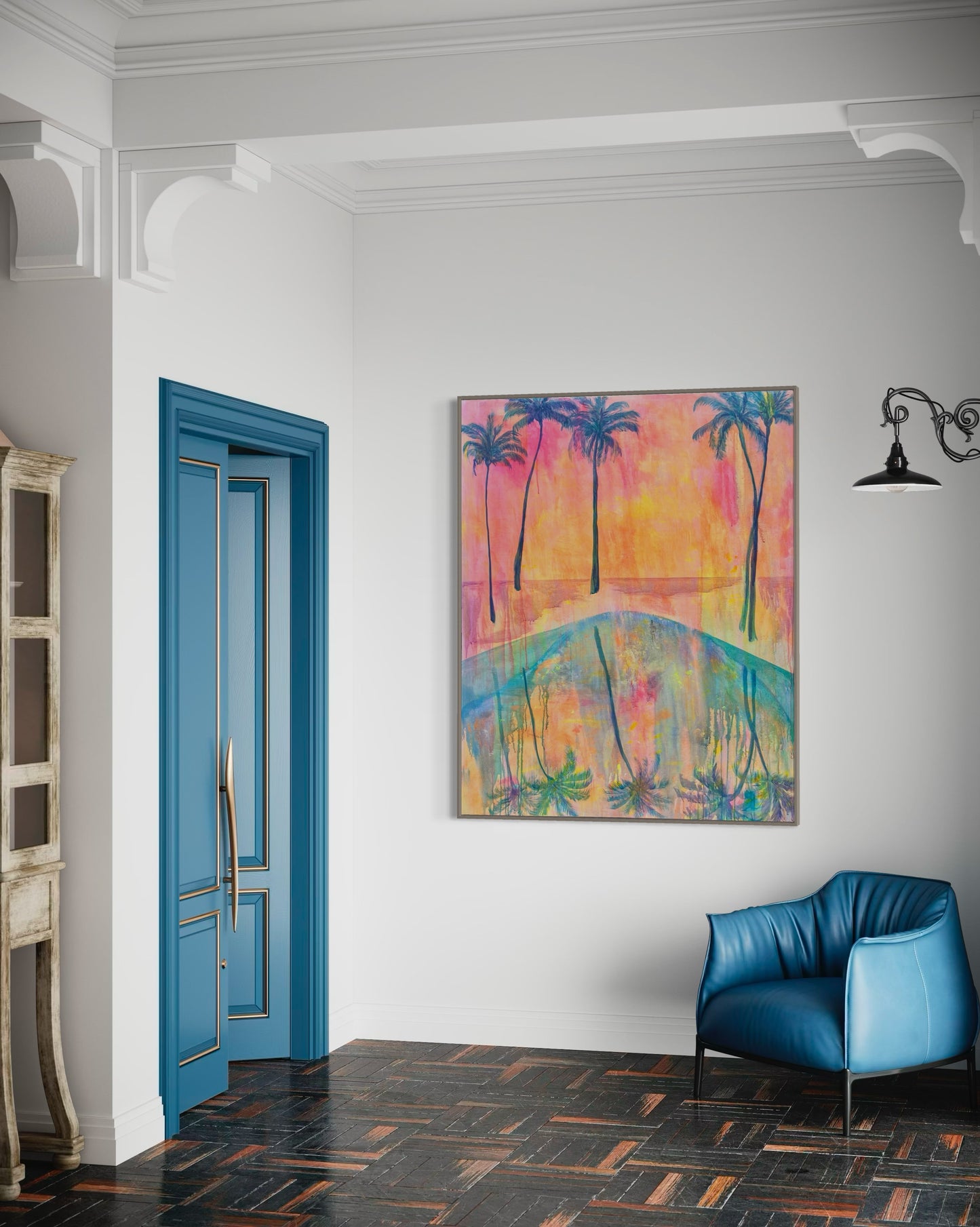Canvas print titled "Swaying Into Sunset" by Printumo featuring a vibrant sunset scene with silhouettes of trees.
