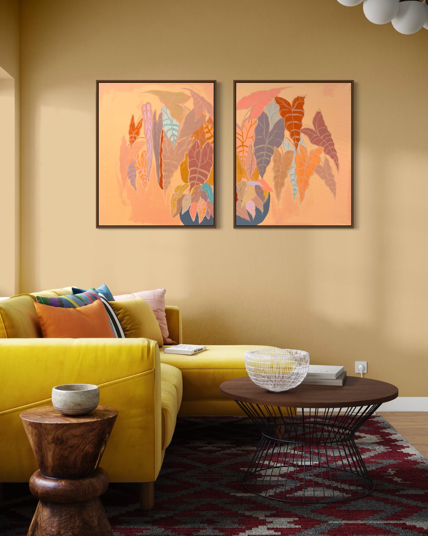 Burnt coral Alocasia and begonia diptych artwork by Kathryn Sillince, 83cm by 67cm, featuring vibrant botanical illustrations on canvas.