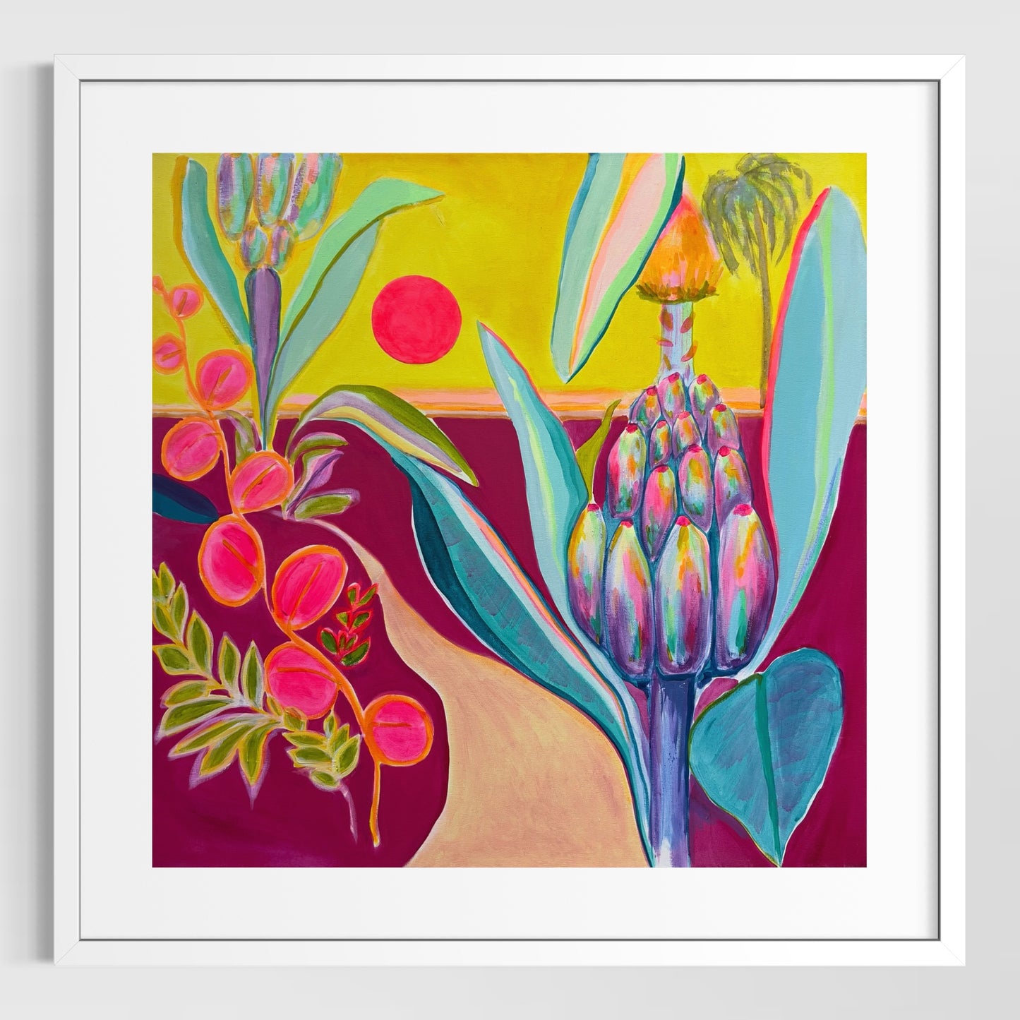 Colorful paper print of a summer landscape by Kathryn Sillince Artist, featuring vibrant trees and a peaceful pathway.