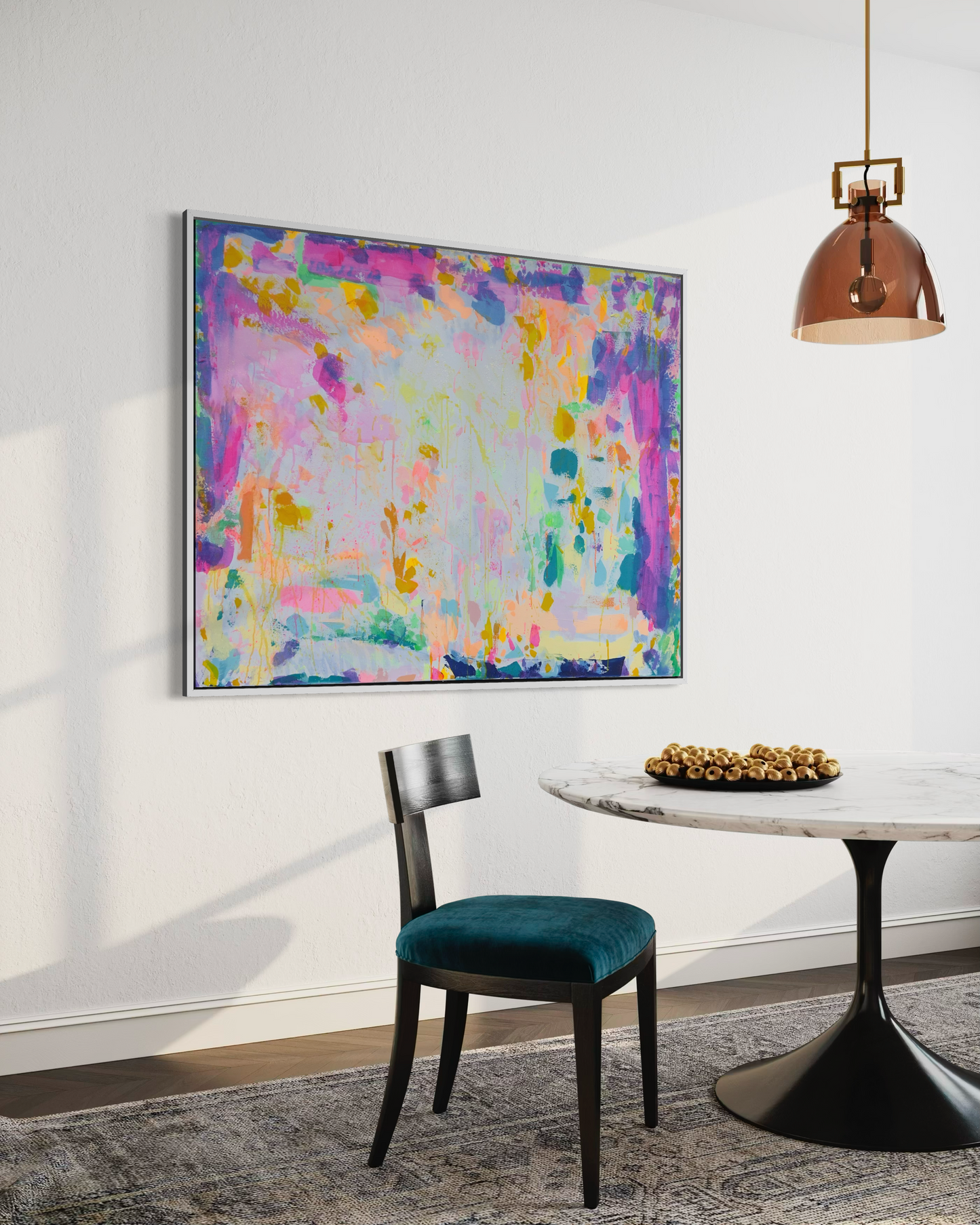 Large Kathryn Sillince Artist "Eternal Optimism" wall art, 153cm x 123cm, featuring vibrant colors and abstract design.