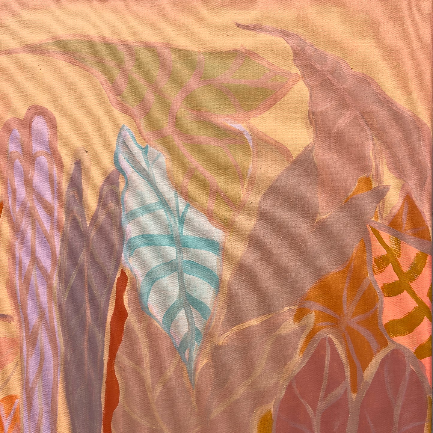 Botanical print set featuring peach and Alocasia plant illustrations by Kathryn Sillince Artist, vibrant and detailed wall art.