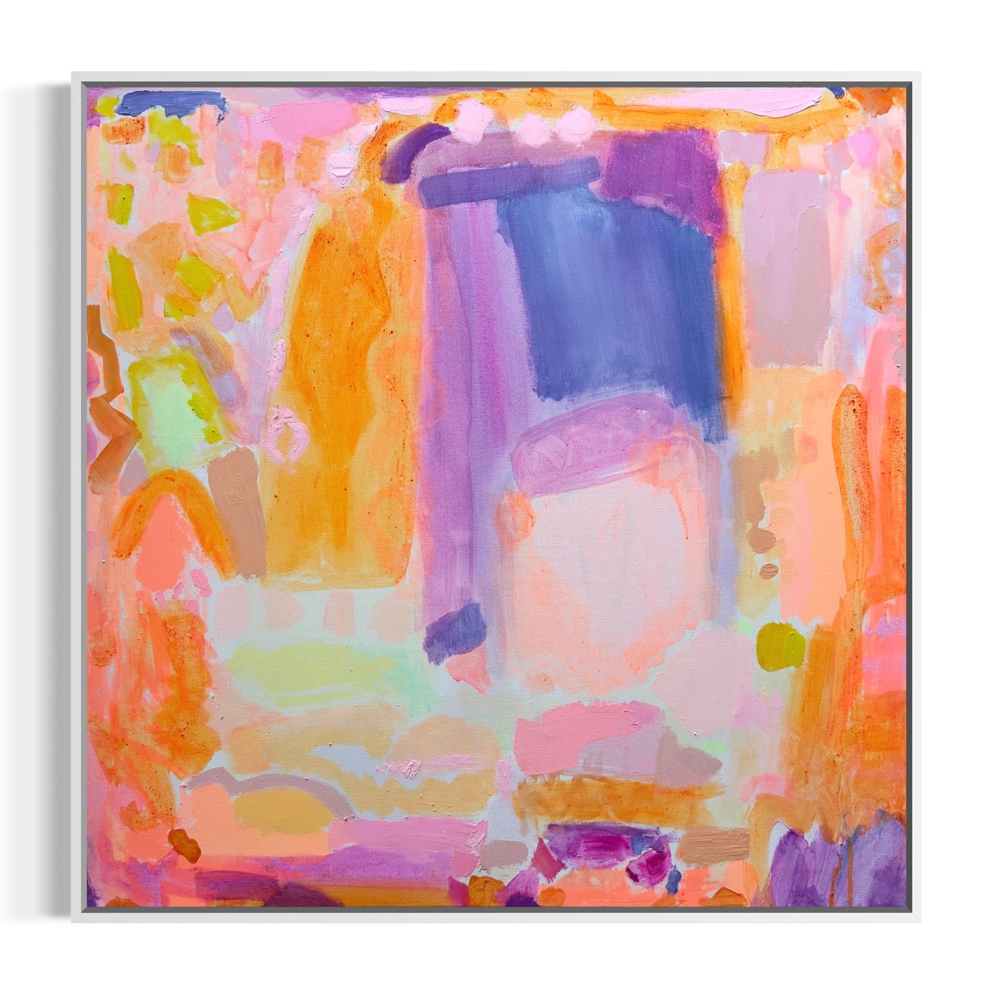 Bright, abstract 90cm x 90cm artwork by Kathryn Sillince Artist titled 'A New Found Energy' featuring vibrant colors and dynamic brushstrokes.