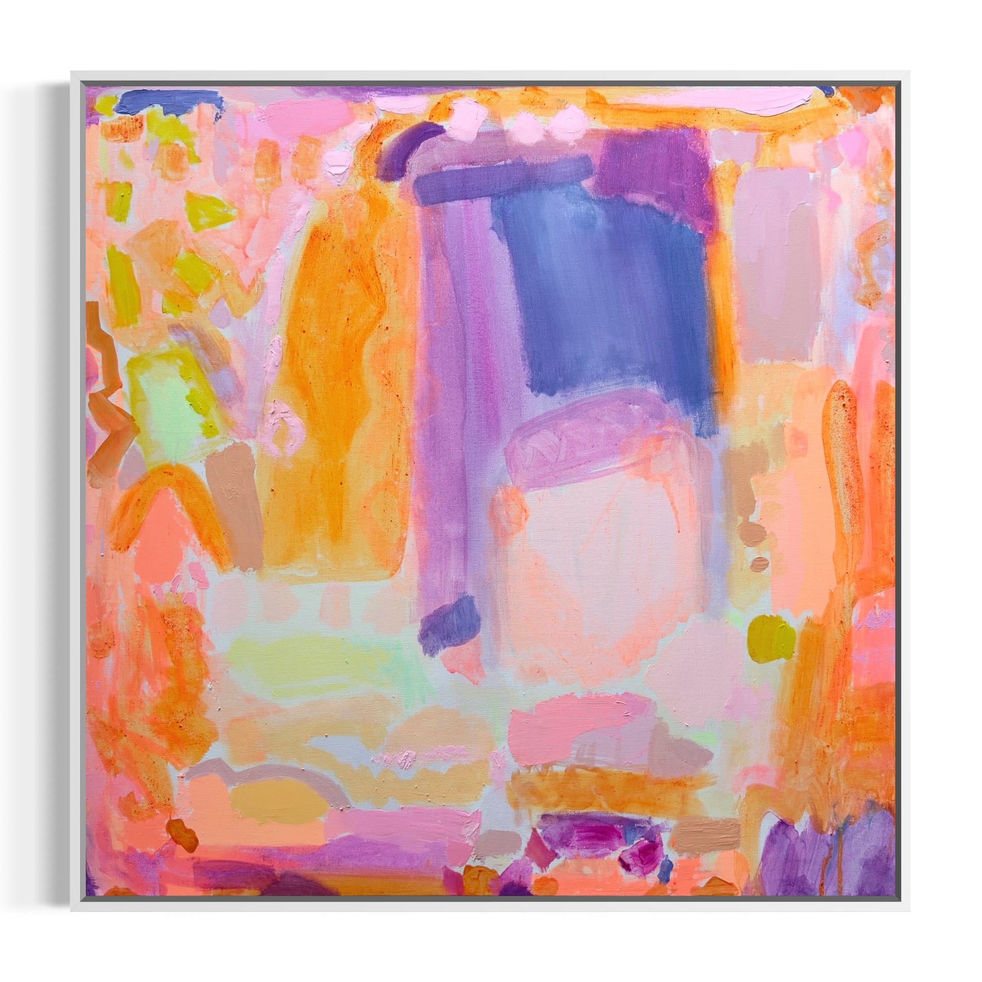 Bright, abstract 90cm x 90cm artwork by Kathryn Sillince Artist titled 'A New Found Energy' featuring vibrant colors and dynamic brushstrokes.