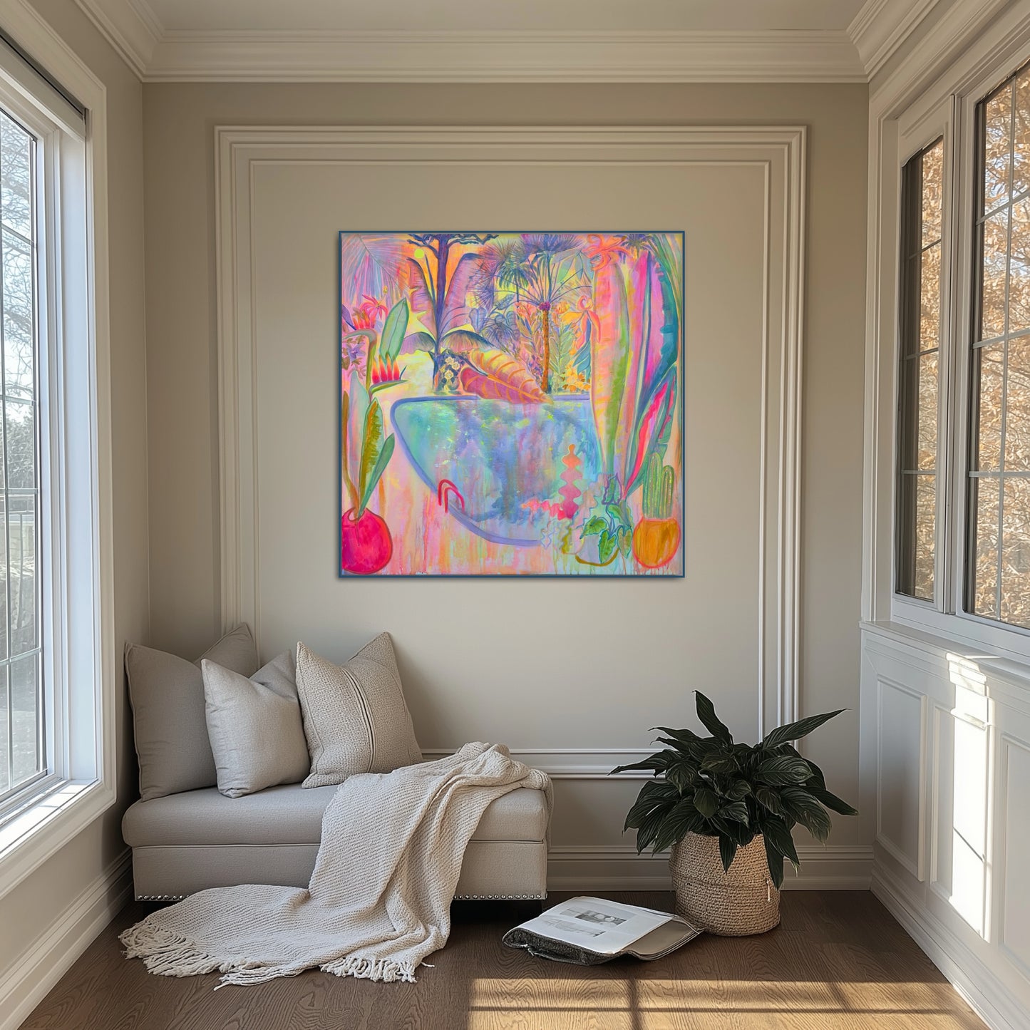 Colorful iridescent Sies Languid Poolside canvas print by Printumo featuring vibrant, shimmering aquatic-inspired artwork.