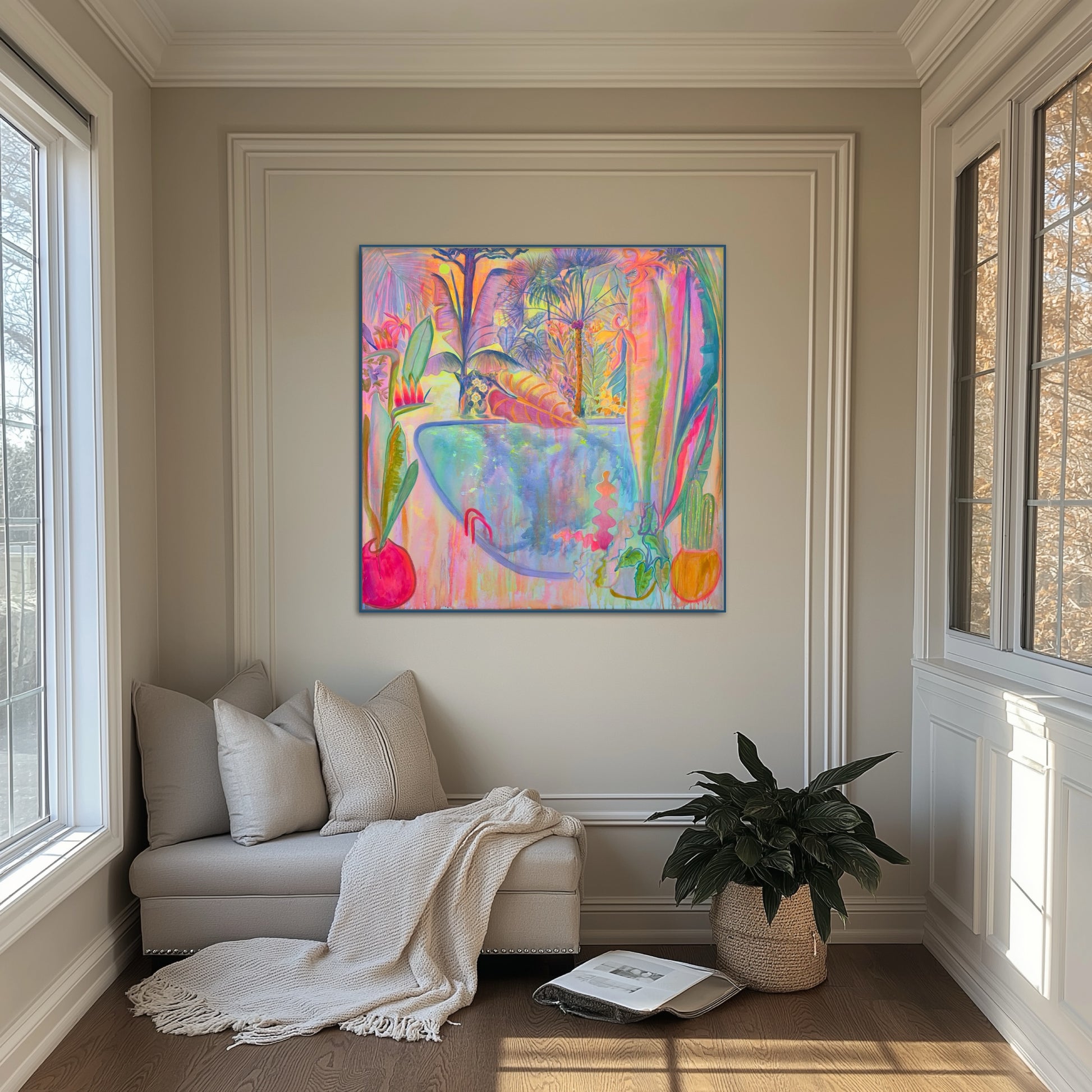 Colorful iridescent Sies Languid Poolside canvas print by Printumo featuring vibrant, shimmering aquatic-inspired artwork.