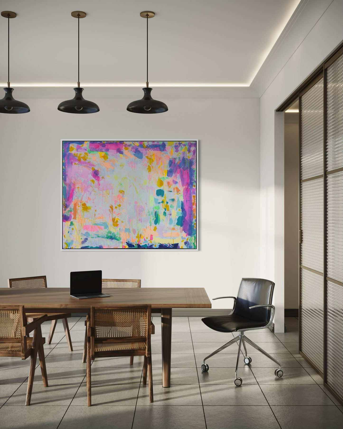Large Kathryn Sillince artist painting titled 'Eternal Optimism,' measuring 153cm by 123cm, featuring vibrant abstract artwork.