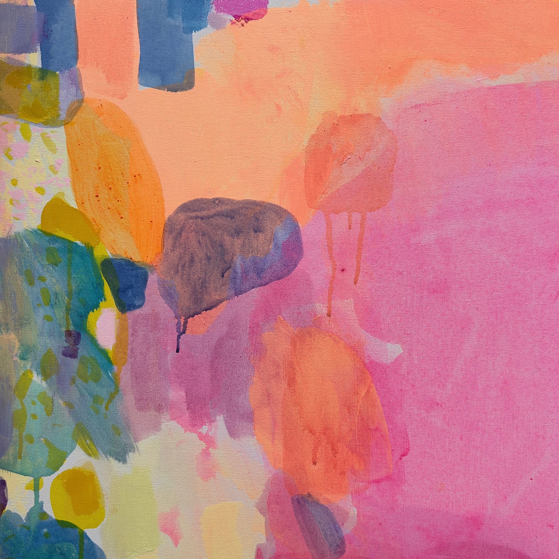 Close-up of Kathryn Sillince Artist's "A Beautiful Demeanour" 92cm x 92cm abstract artwork with vibrant colors and textured brushstrokes.