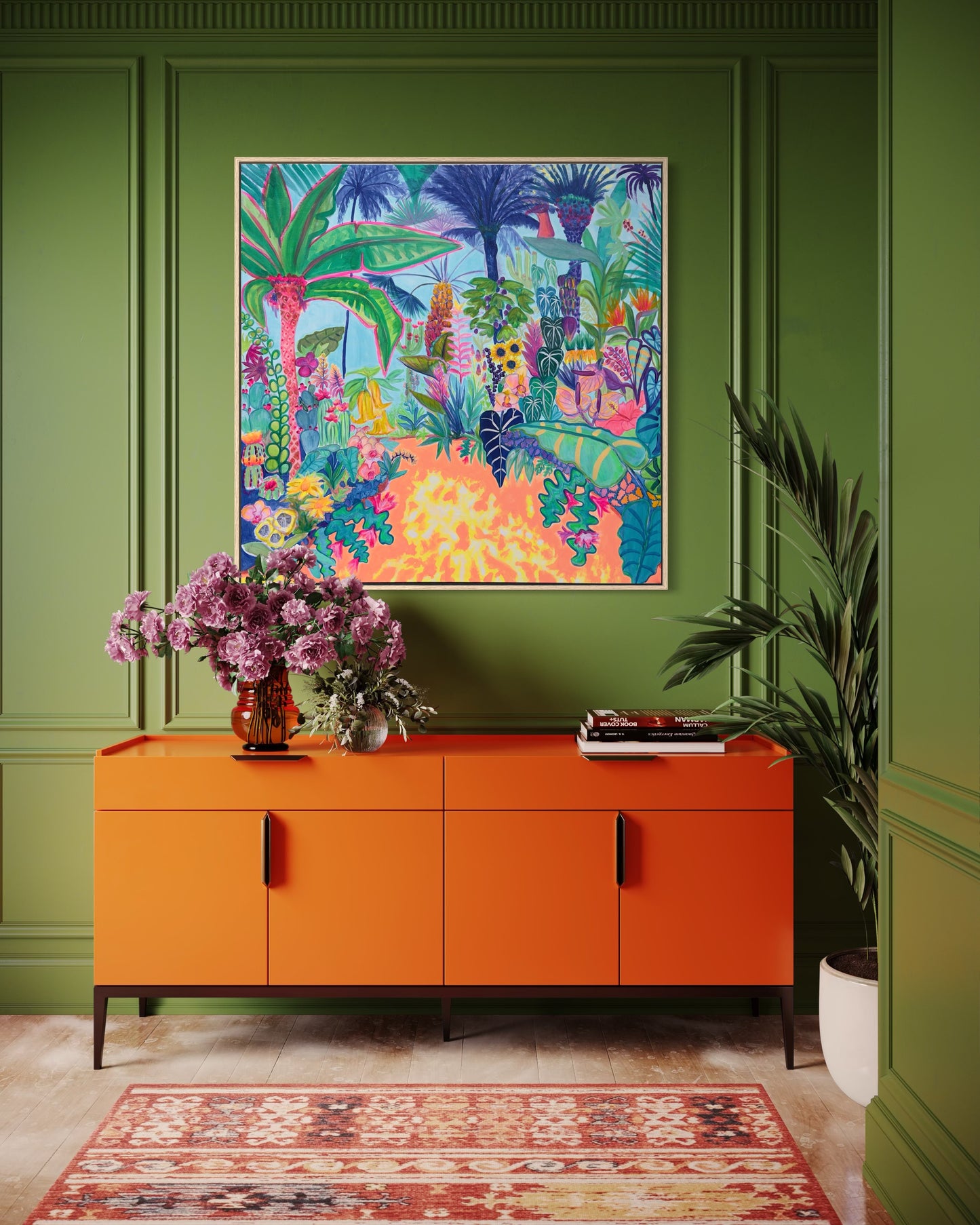 Kathryn Sillince Artist Paradise Gardens 122cm x 122cm artwork featuring vibrant floral and garden scene with lush colors and detailed foliage.