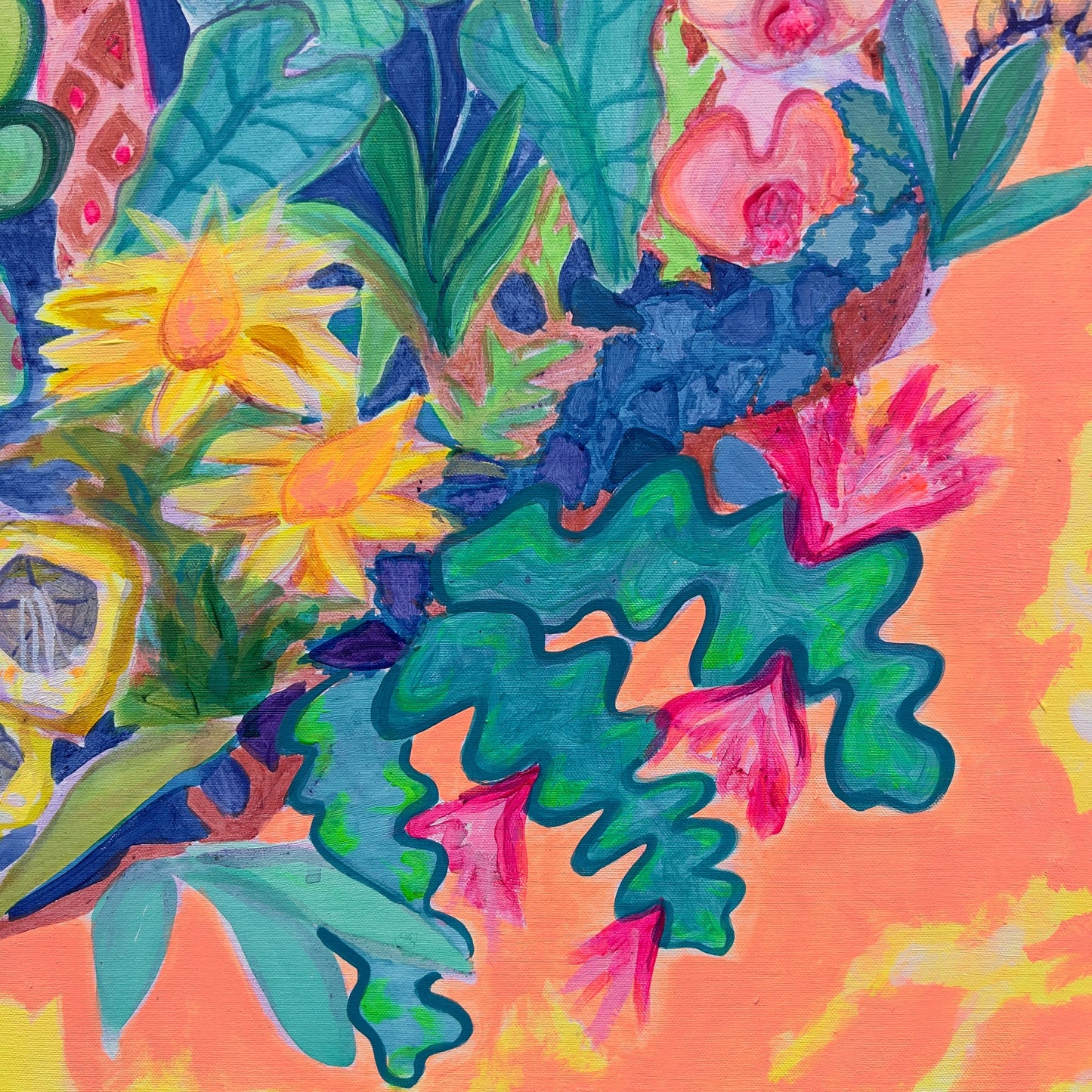 Kathryn Sillince Artist Paradise Gardens 122cm x 122cm colorful garden scene artwork displayed in the image.