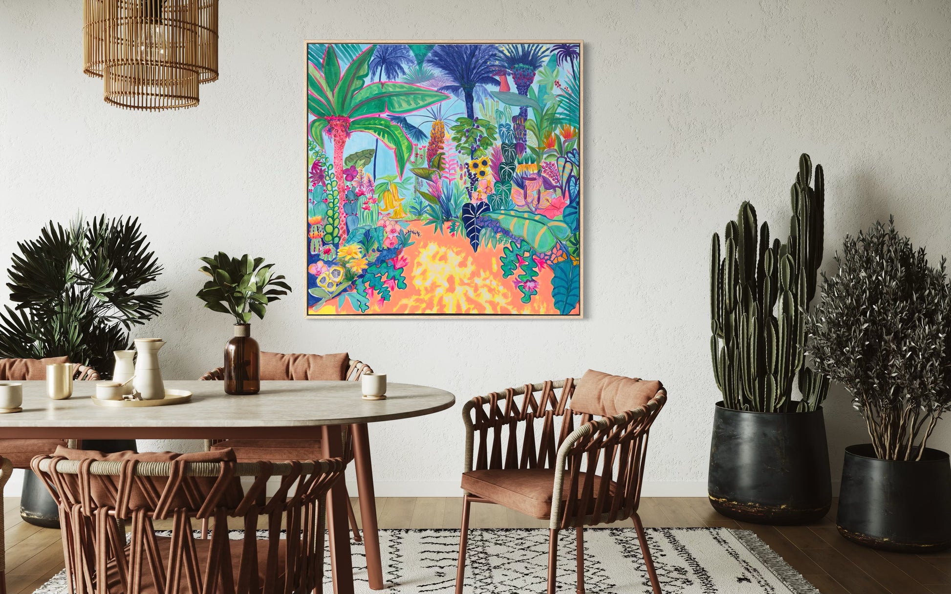 Colorful floral artwork by Kathryn Sillince Artist titled 'Paradise Gardens' in 122cm x 122cm size, featuring vibrant garden scenes.
