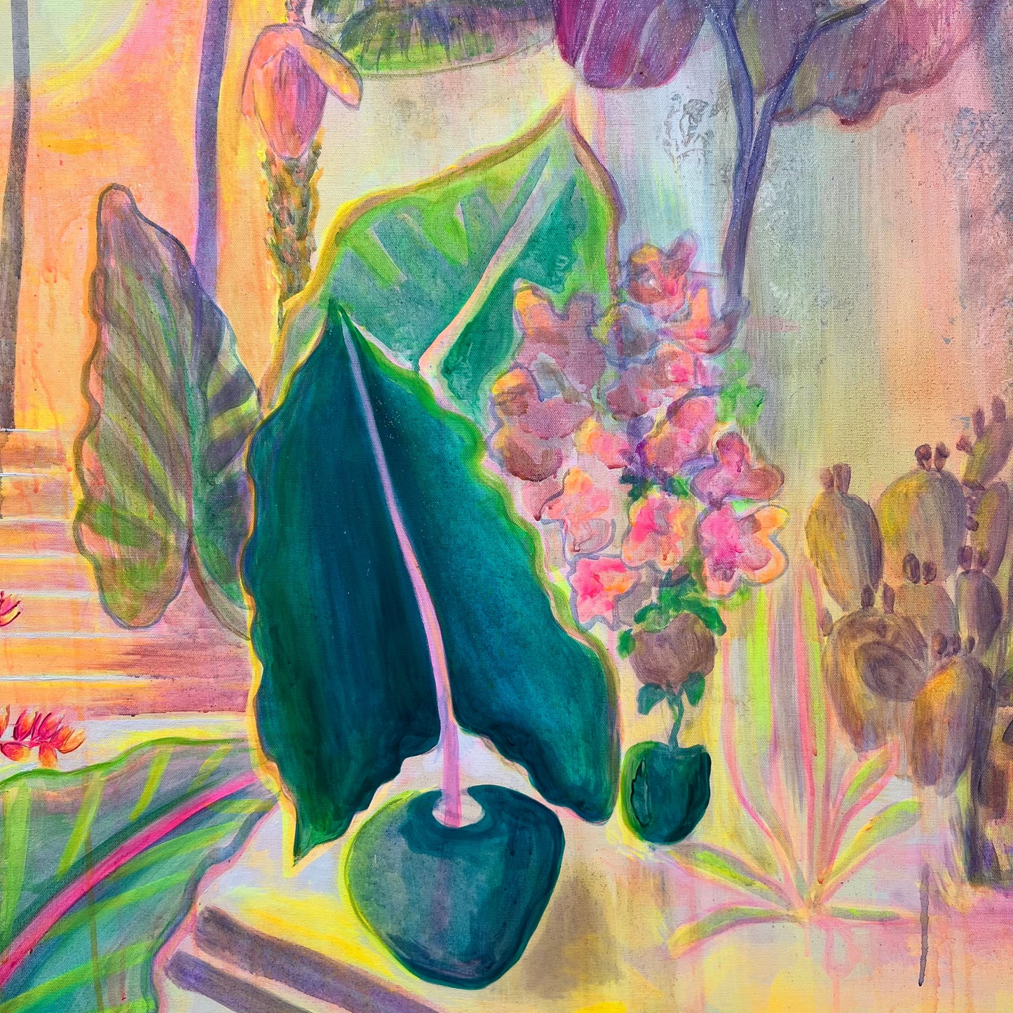 Colorful 'Twilight Tropics' paper print by Kathryn Sillince Artist featuring vibrant tropical landscape with lush foliage and sunset sky.
