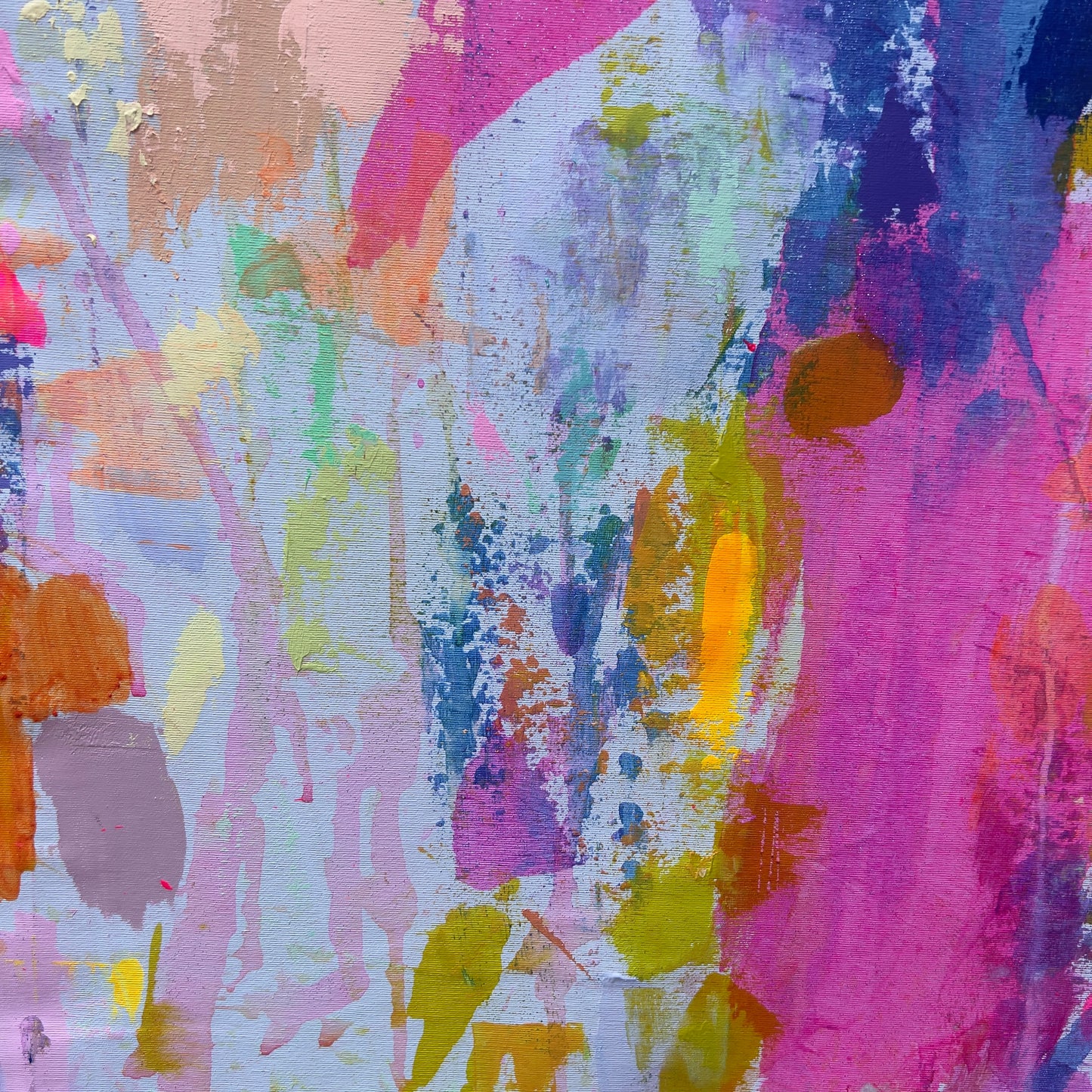 Colorful abstract artwork titled ‘Everyday Happiness’ by Kathryn Sillince, measuring 153cm x 103cm, displayed on a wall.
