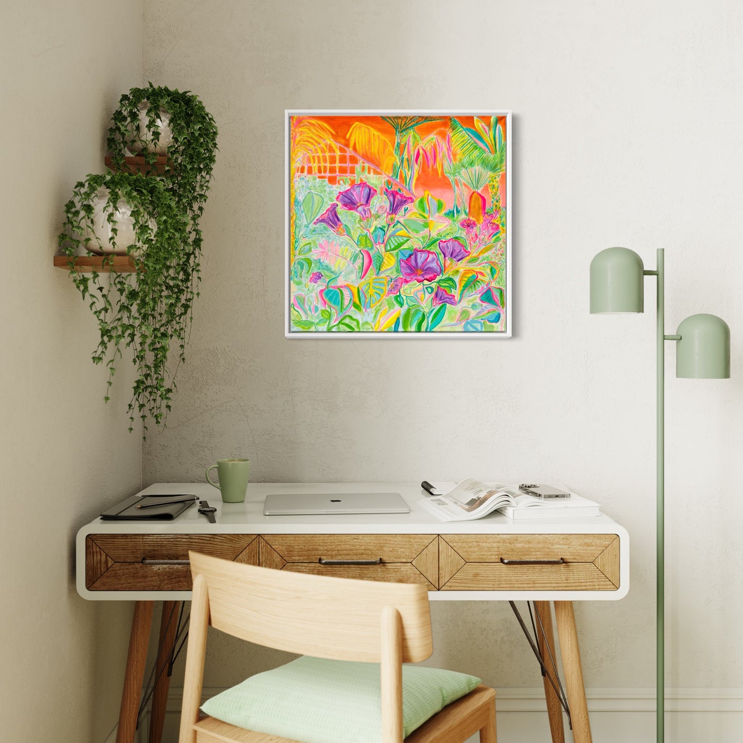 Canvas print titled "Apocalyptic Fanfare" by Kathryn Sillince, featuring vivid, abstract artwork on a textured canvas surface.