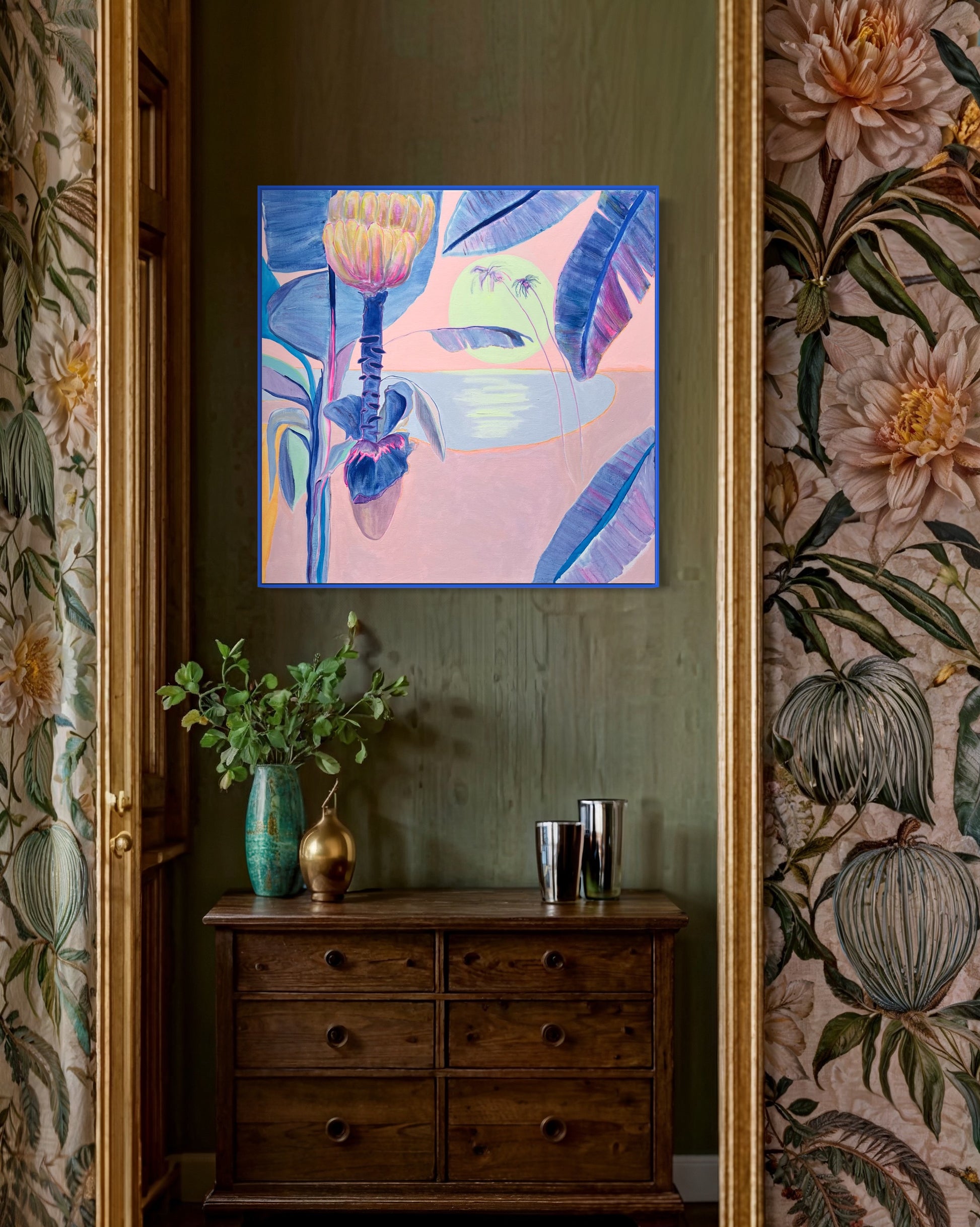 Colorful paper print titled 'Flourishing By Moonlight' by Kathryn Sillince, featuring vibrant botanical illustrations on textured paper.