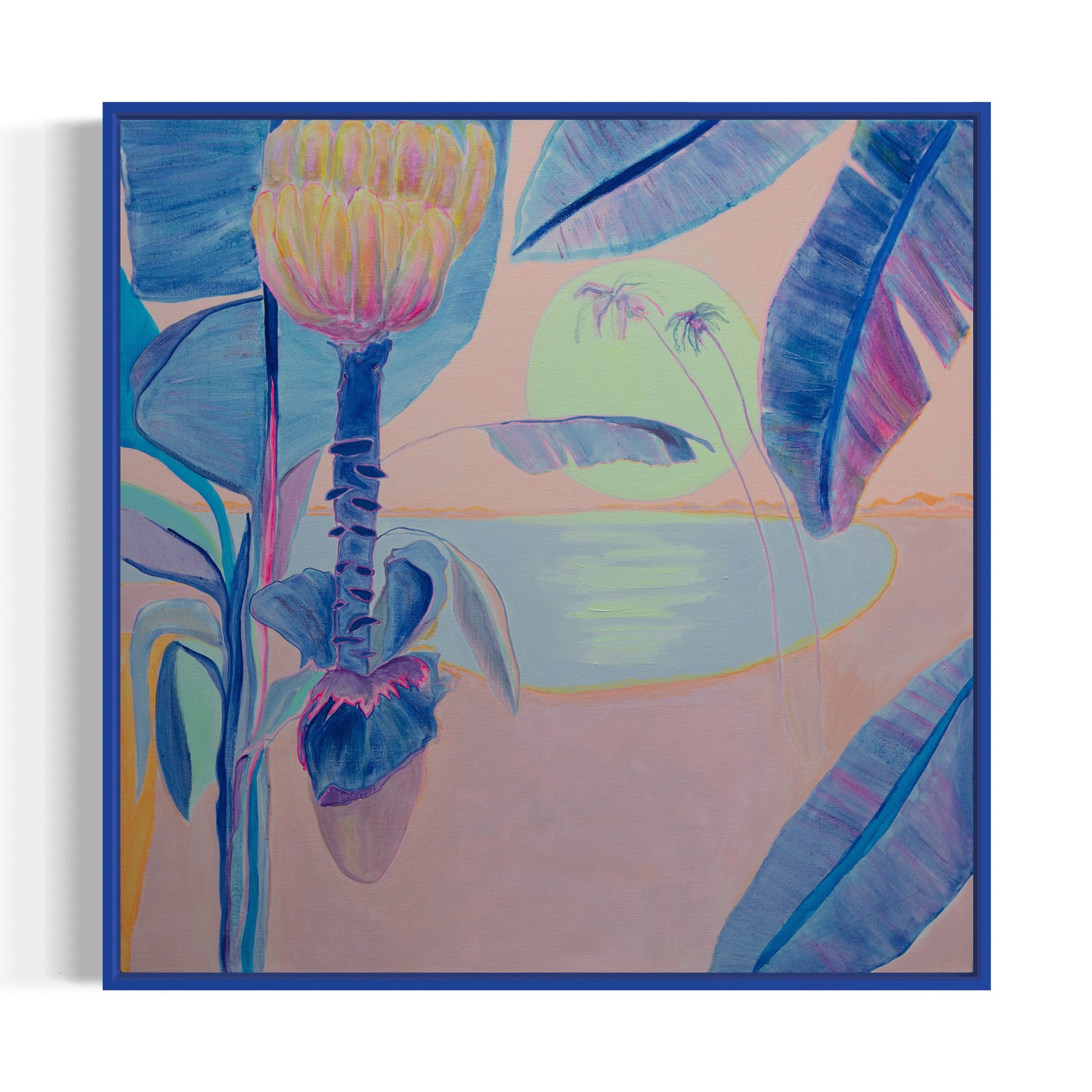Close-up of "Flourishing By Moonlight" artwork by Kathryn Sillince, showing vibrant floral details on a 76cm x 76cm canvas.