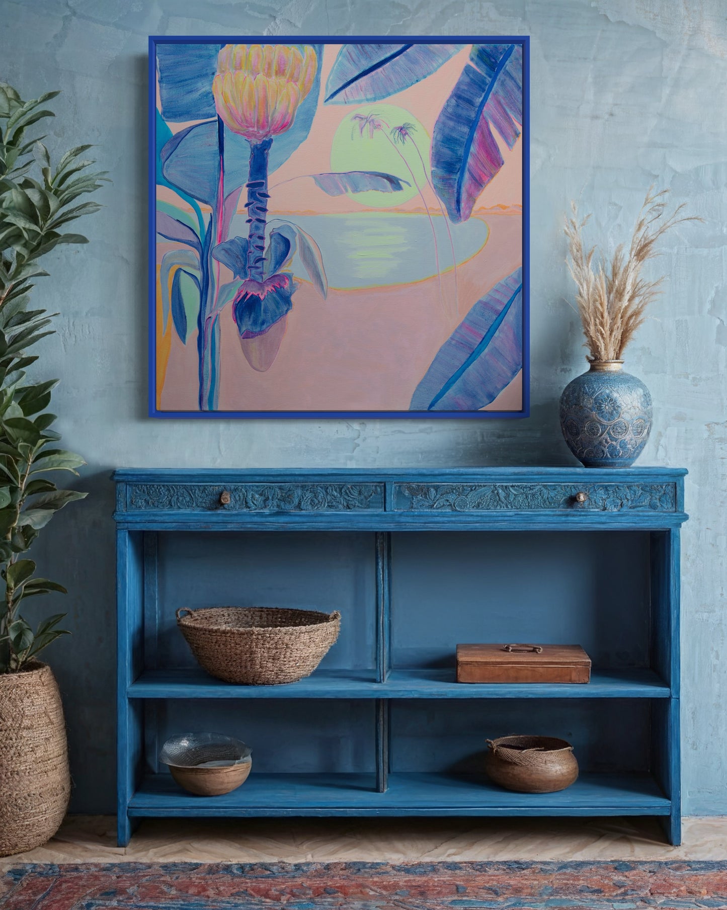 Square art print titled 'Flourishing By Moonlight' by Kathryn Sillince, 76cm x 76cm, featuring a vibrant, moonlit botanical scene.