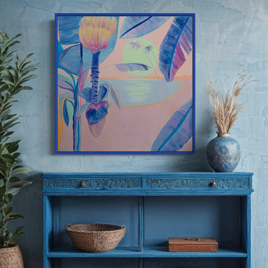 Square art print titled 'Flourishing By Moonlight' by Kathryn Sillince, 76cm x 76cm, featuring a vibrant, moonlit botanical scene.
