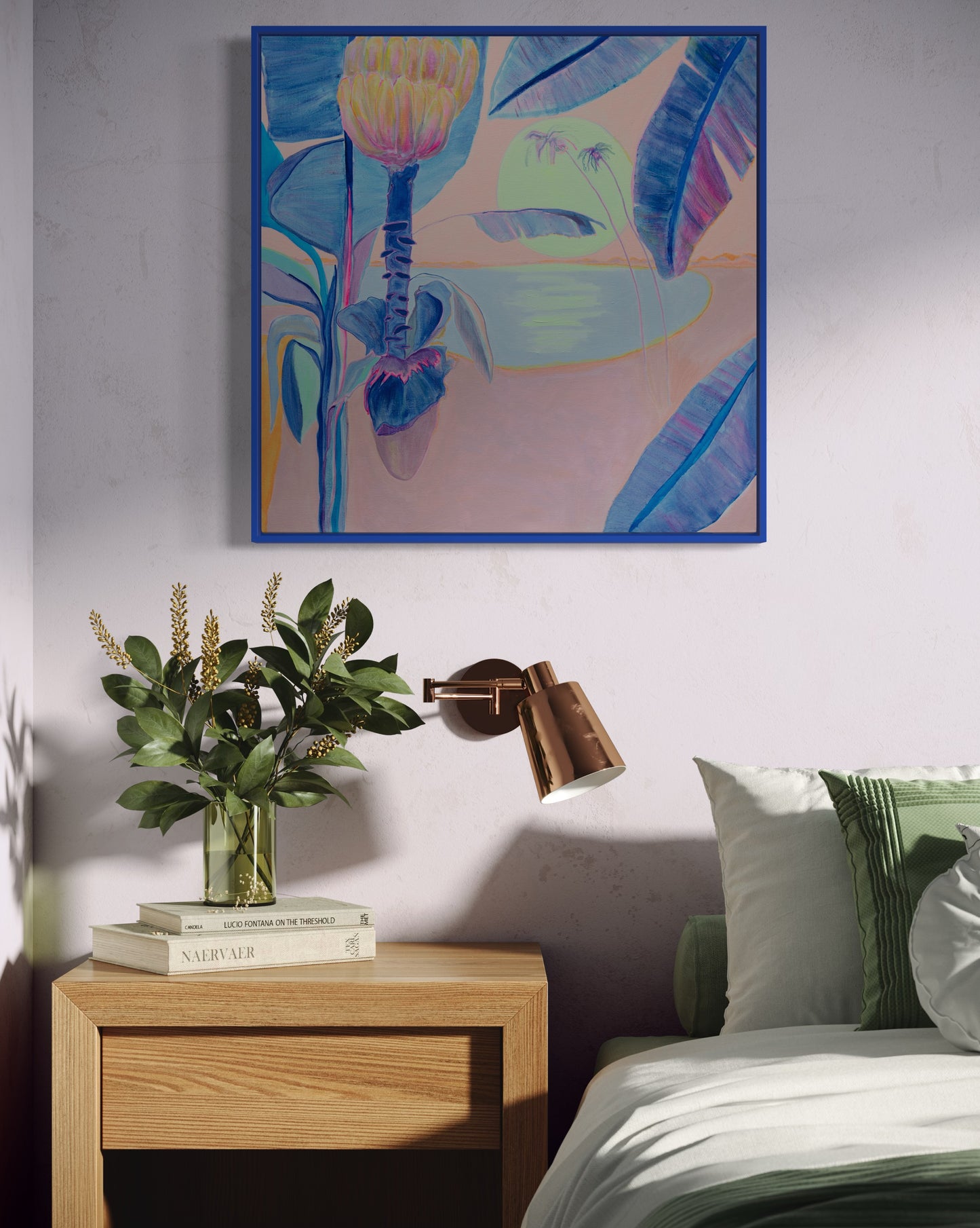 Colorful floral artwork titled "Flourishing By Moonlight" by Kathryn Sillince Artist, 76cm x 76cm, displayed in this image.