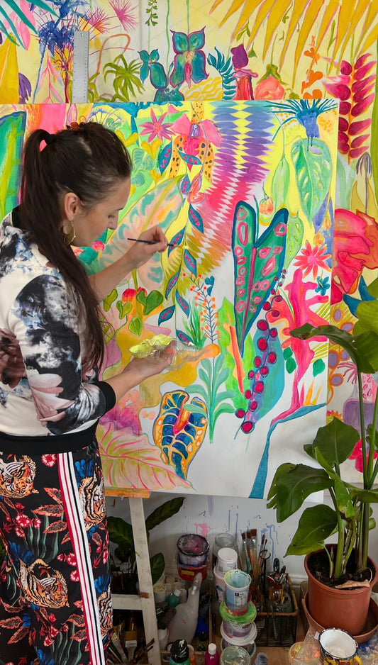 Equatorial Goldenhour paper print by Kathryn Sillince Artist featuring vibrant sunset colors and abstract landscape design.