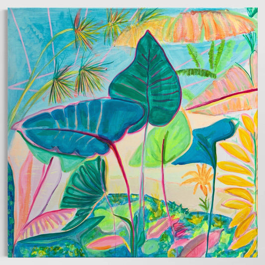 Colorful botanical painting featuring large vibrant leaves, tropical plants, and abstract floral elements by Kathryn Sillince