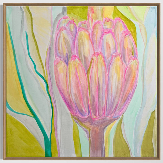 Abstract botanical painting of pink and orange protea flower with green and white leaves by Kathryn Sillince