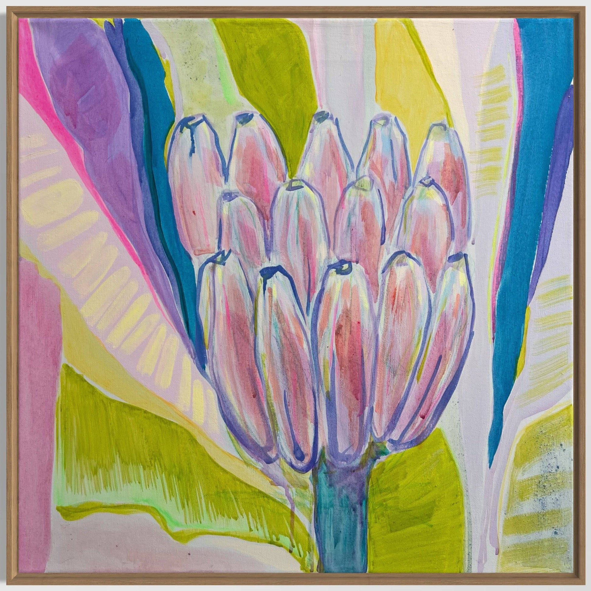 Kathryn Sillince abstract botanical painting with pink buds and vibrant green, blue, yellow background