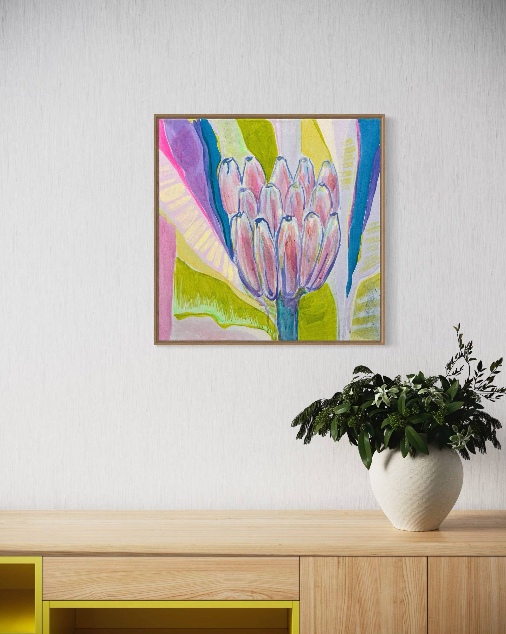 Abstract botanical painting of pink flowers with colorful geometric background by Kathryn Sillince