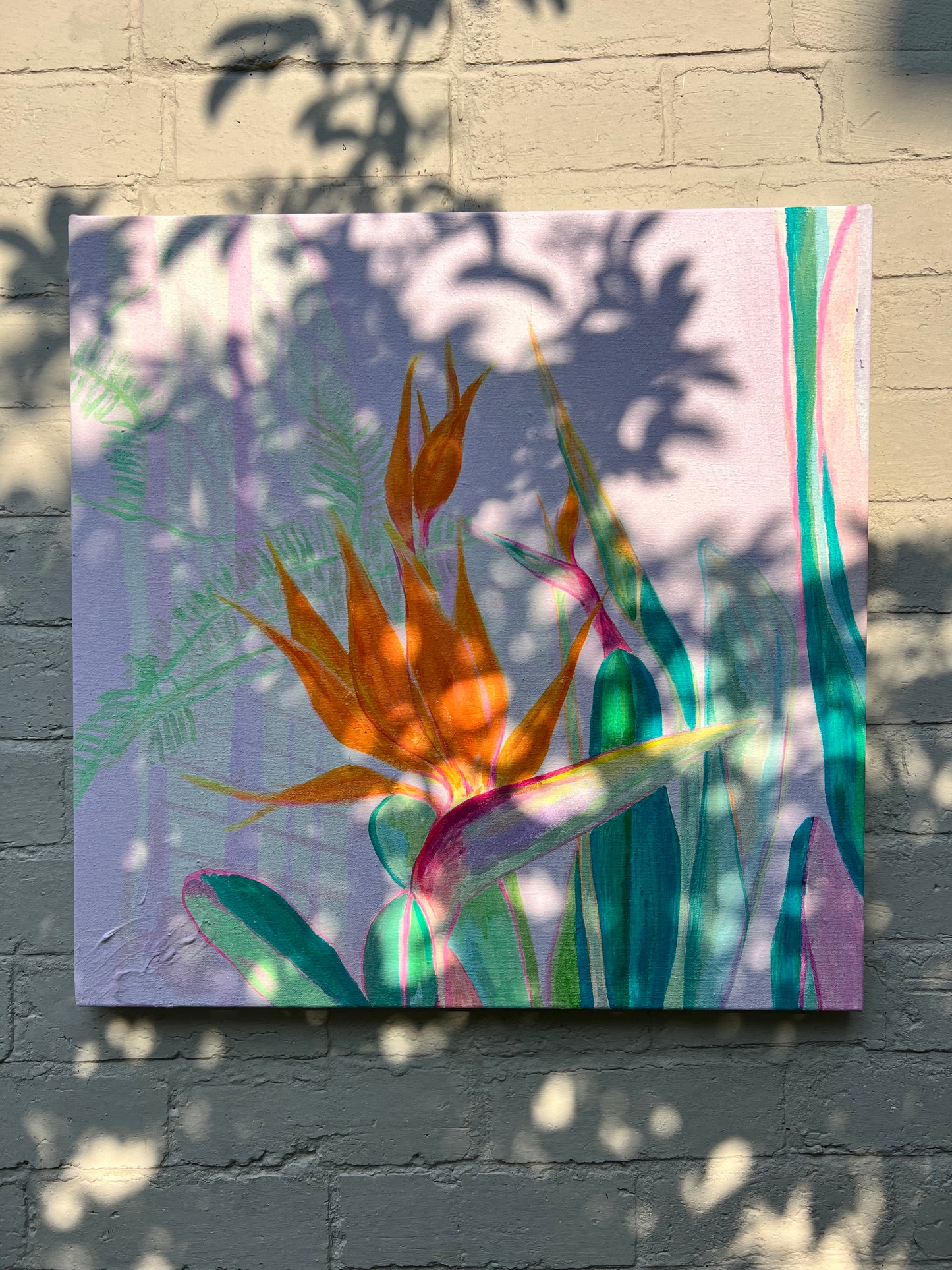 Flock of orange abstract artwork by Kathryn Sillince Artist, 60cm x 60cm, featuring vibrant orange and textured details.