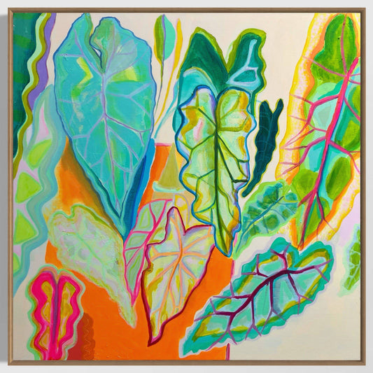 Abstract botanical painting by Kathryn Sillince featuring vibrant colorful leaves with bold outlines on orange and cream background