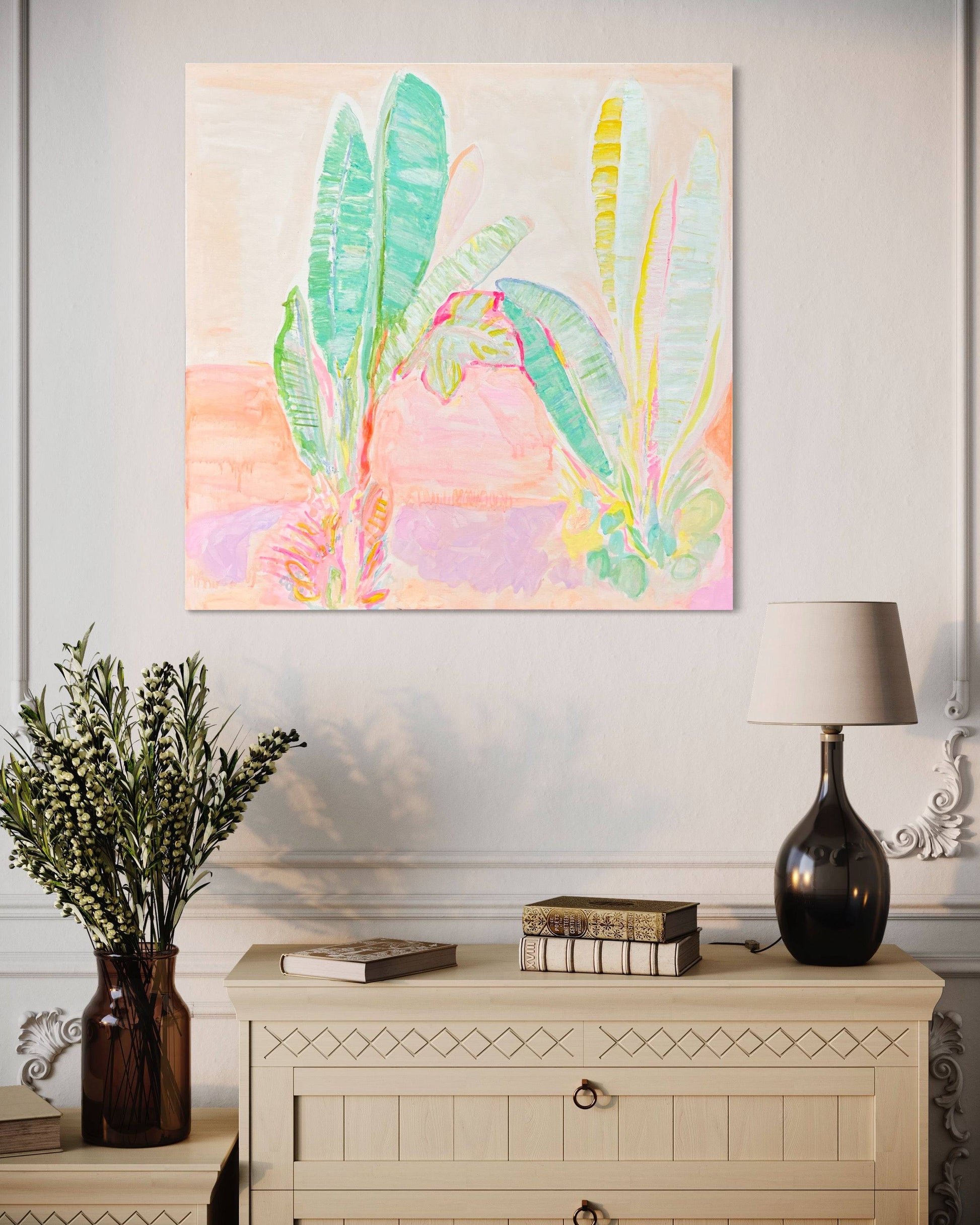 'Red Sunset Banana Leaves Study'  90cm x 90cm - Kathryn Sillince Artist