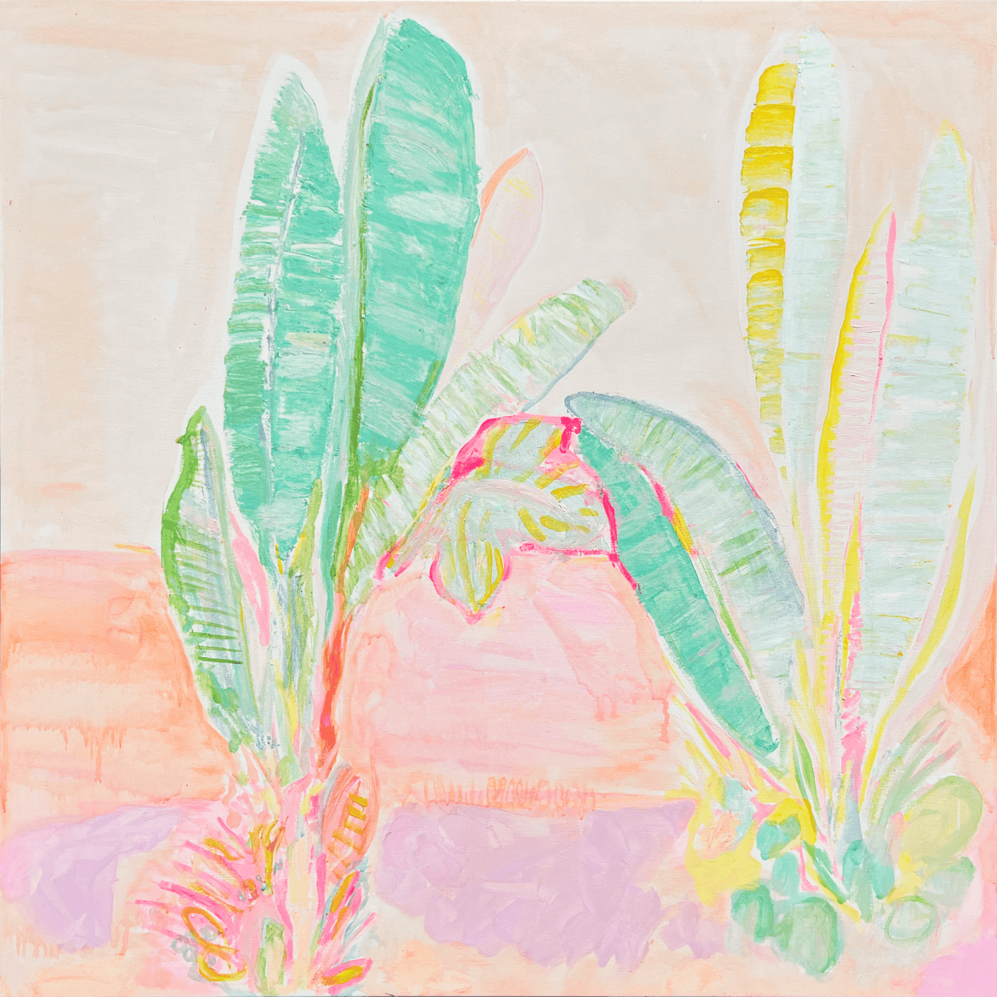 'Red Sunset Banana Leaves Study'  90cm x 90cm - Kathryn Sillince Artist