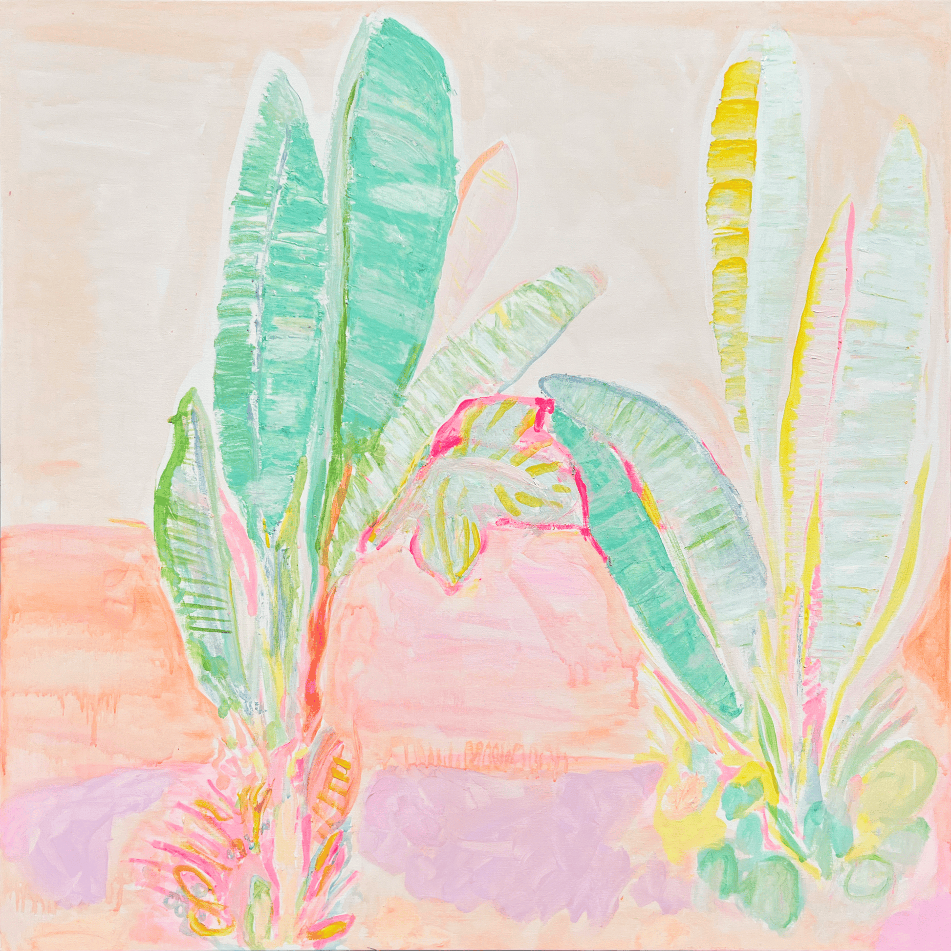 'Red Sunset Banana Leaves Study'  90cm x 90cm - Kathryn Sillince Artist