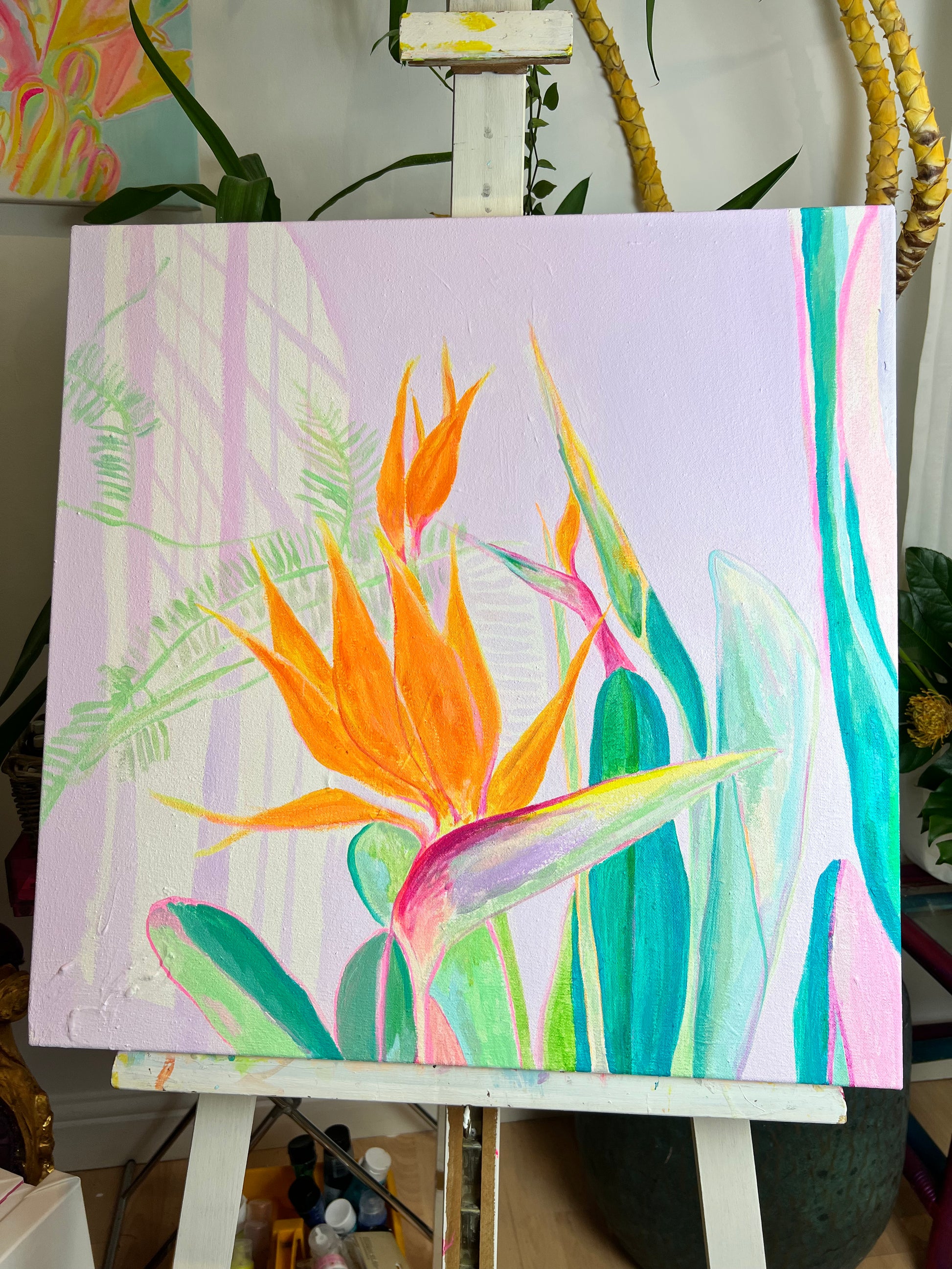 Colorful embroidery art piece titled 'A Flock Of Orange' by Kathryn Sillince, measuring 60cm by 60cm, featuring vibrant orange tones.
