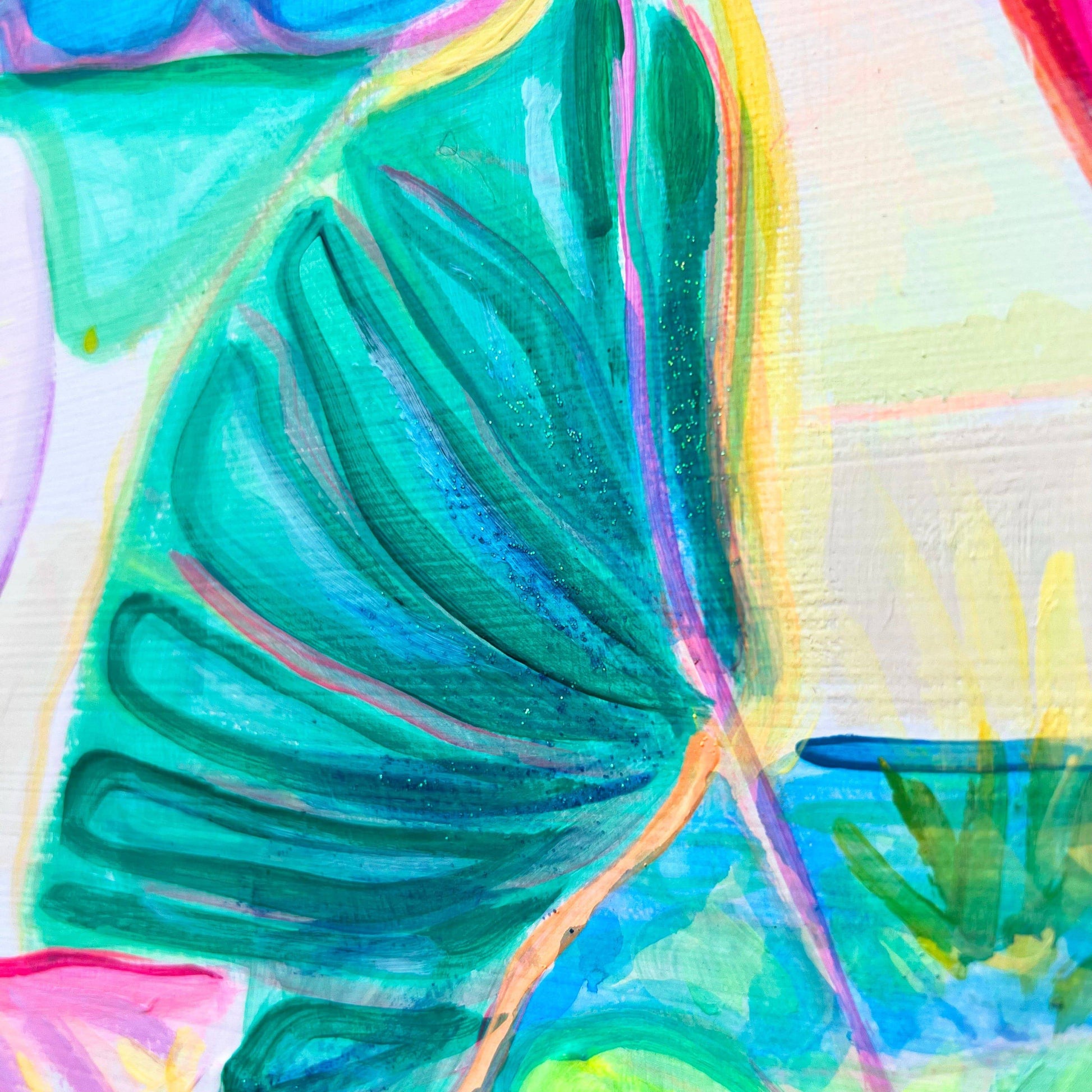 Close-up of vibrant turquoise and green botanical abstract painting by Kathryn Sillince with colorful details
