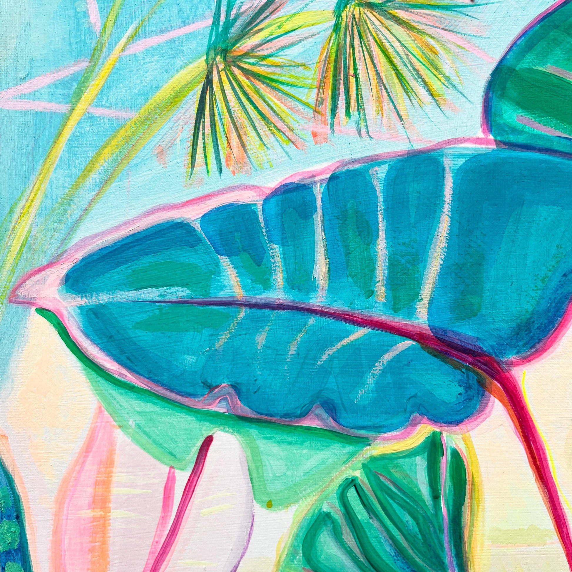 Abstract botanical painting featuring vibrant blue and green leaves with pink and yellow accents by Kathryn Sillince